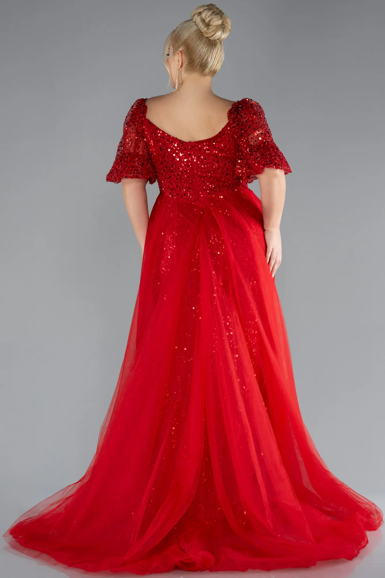 Red-Short Sleeves Long Scaly Plus Size Evening Gown ABU4281