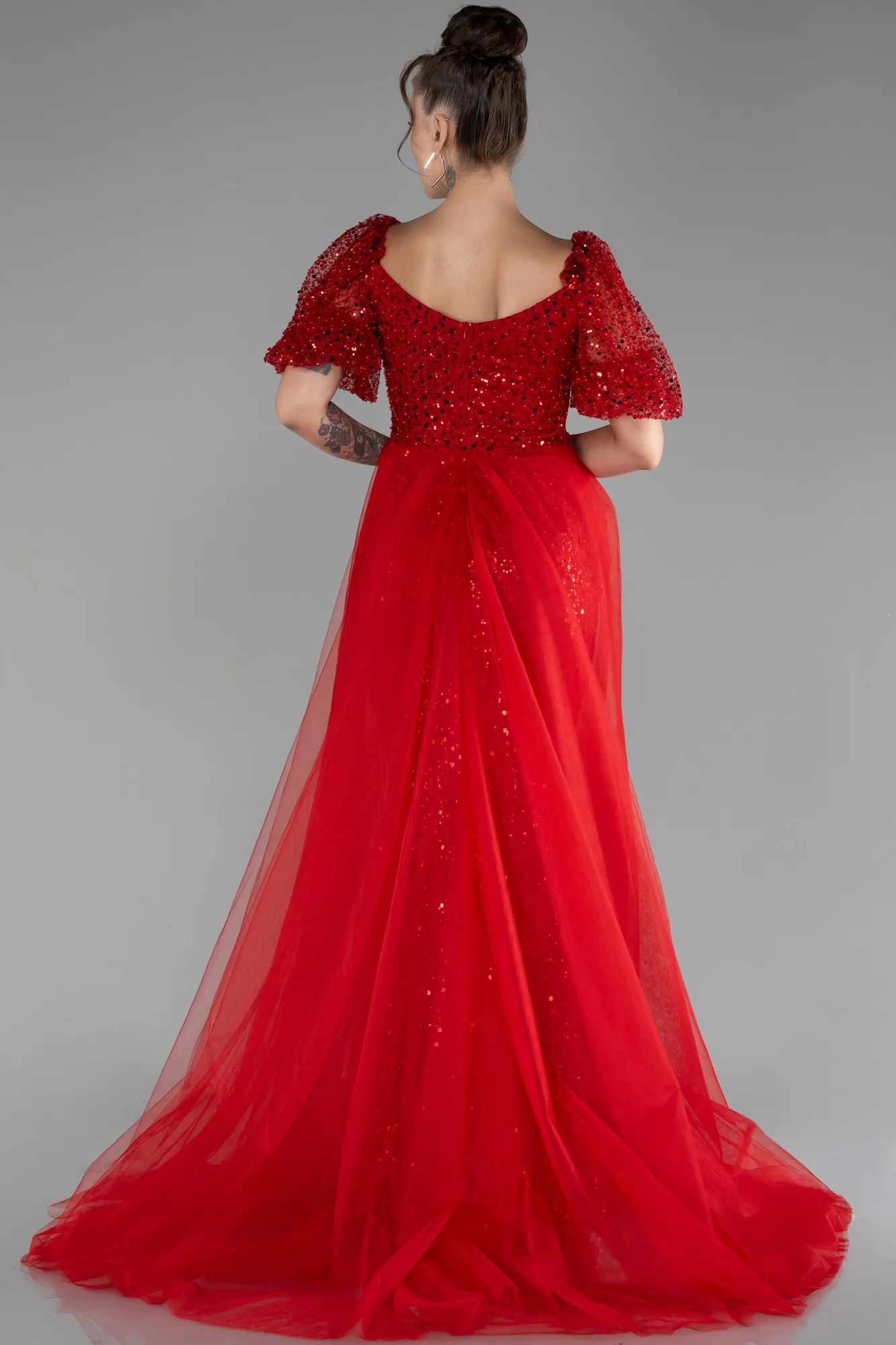 Red-Short Sleeves Tail Long Scaly Evening Gown ABU4280