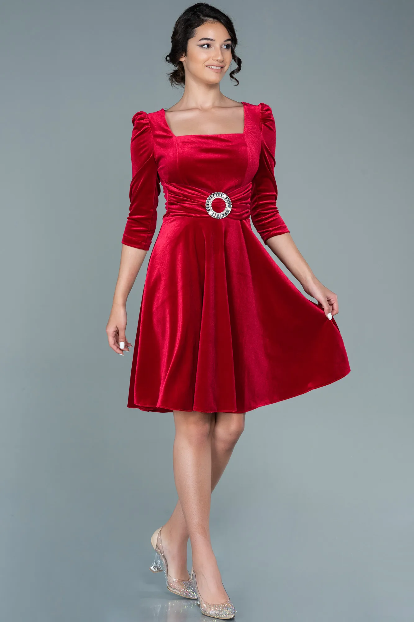 Red-Short Velvet Invitation Dress ABK1514