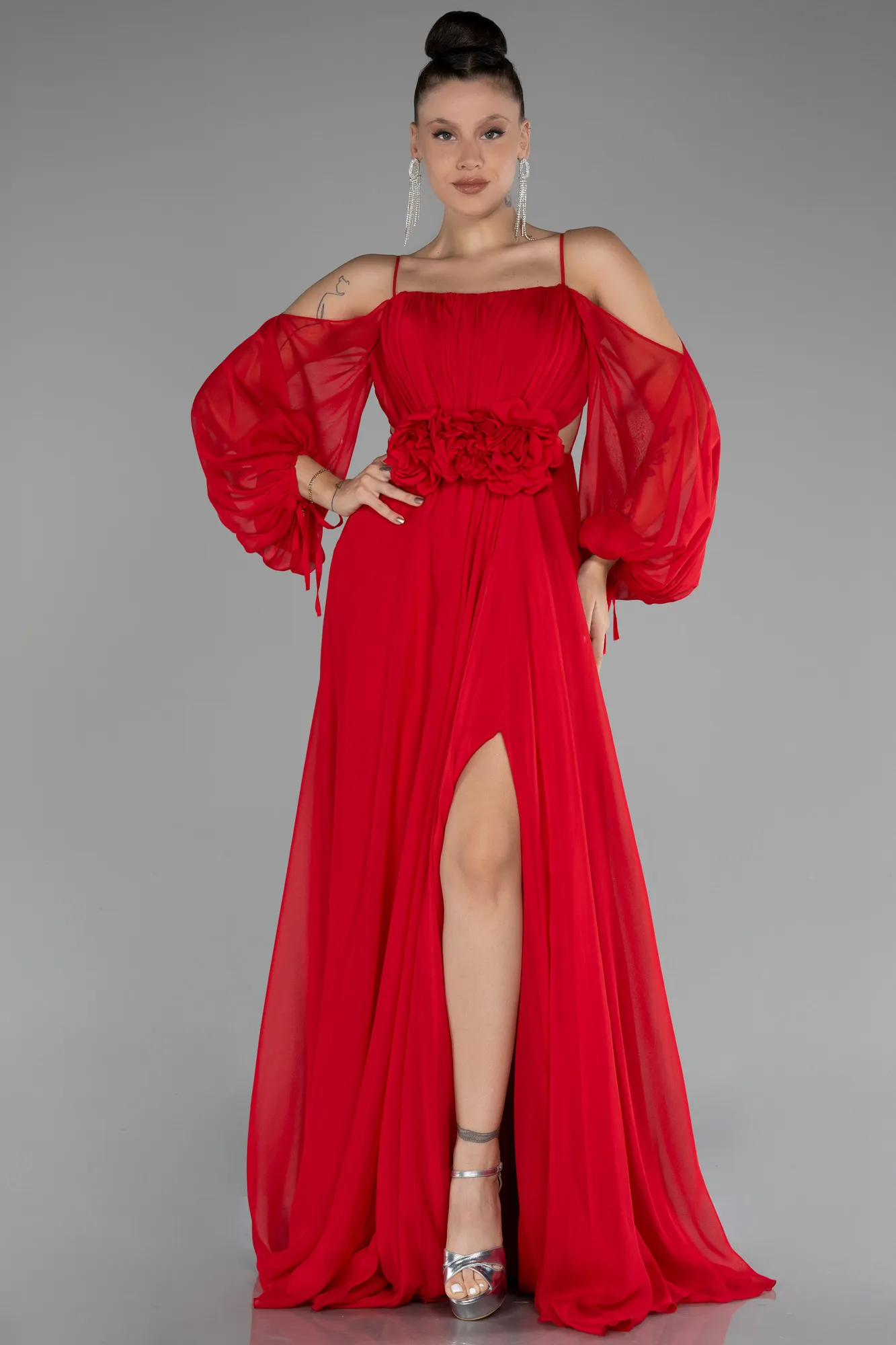 Red-Shoulder Decollete Long Sleeve Chiffon Prom Dress ABU4165