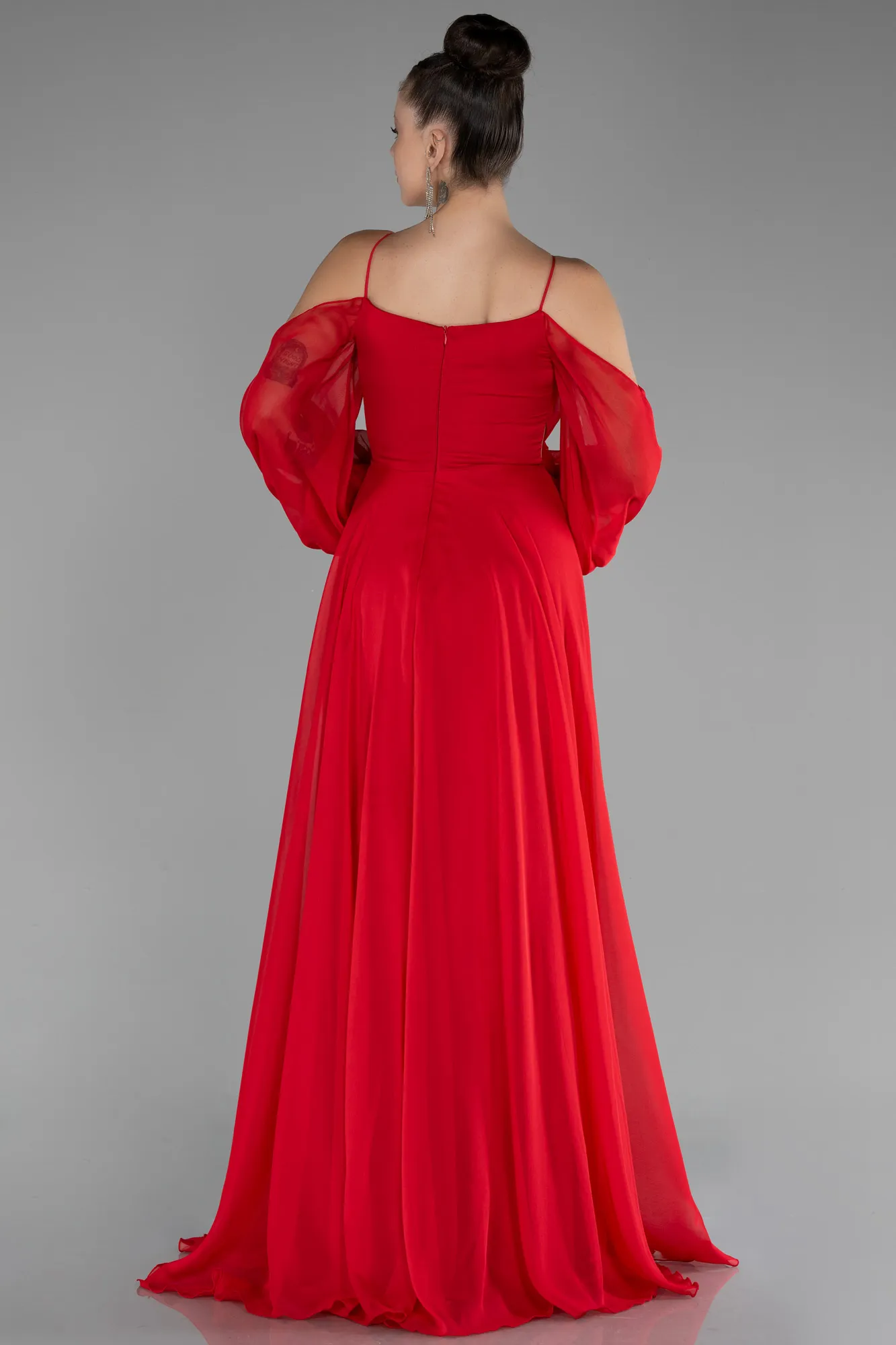 Red-Shoulder Decollete Long Sleeve Chiffon Prom Dress ABU4165