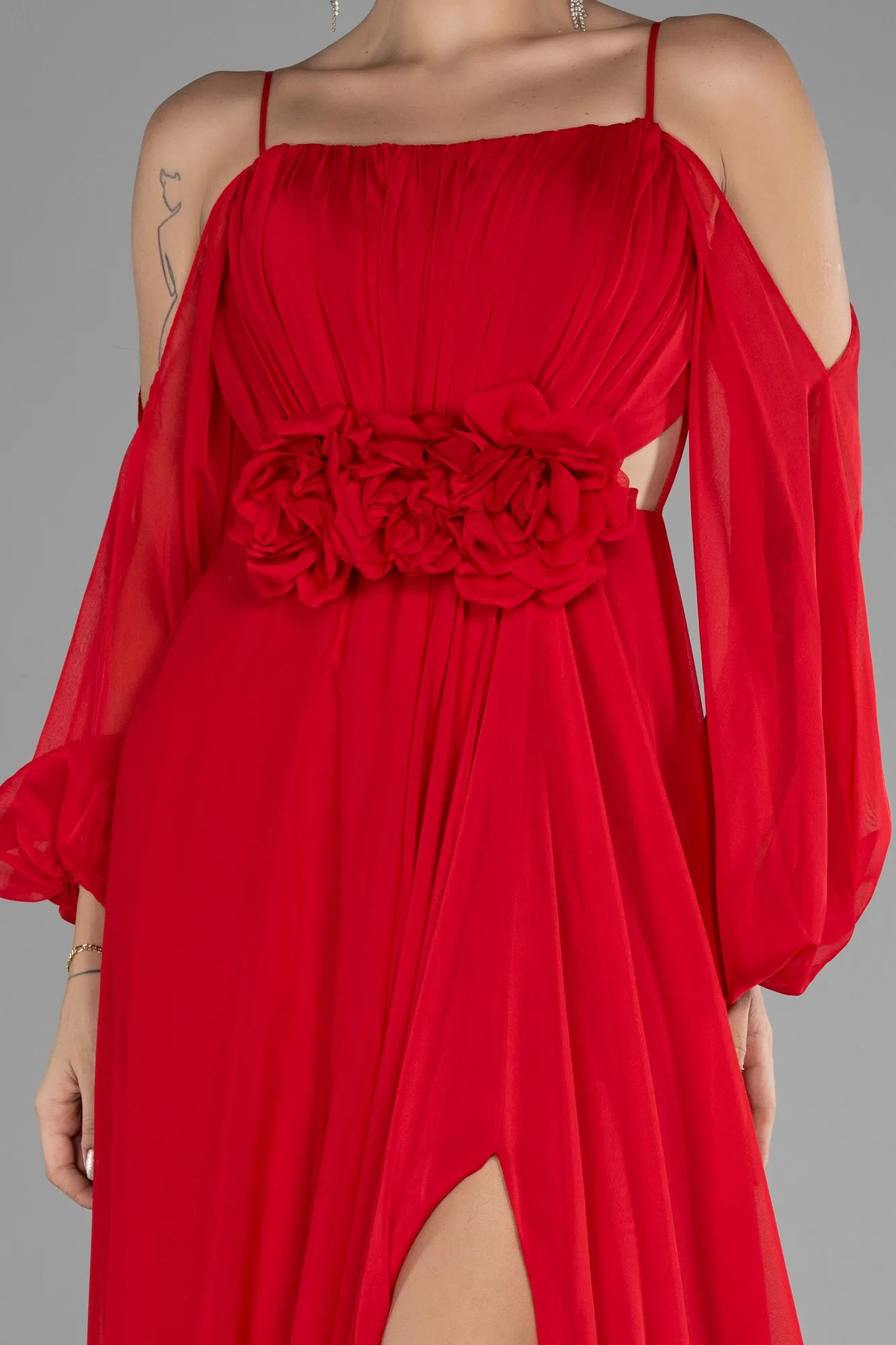 Red-Shoulder Decollete Long Sleeve Chiffon Prom Dress ABU4165