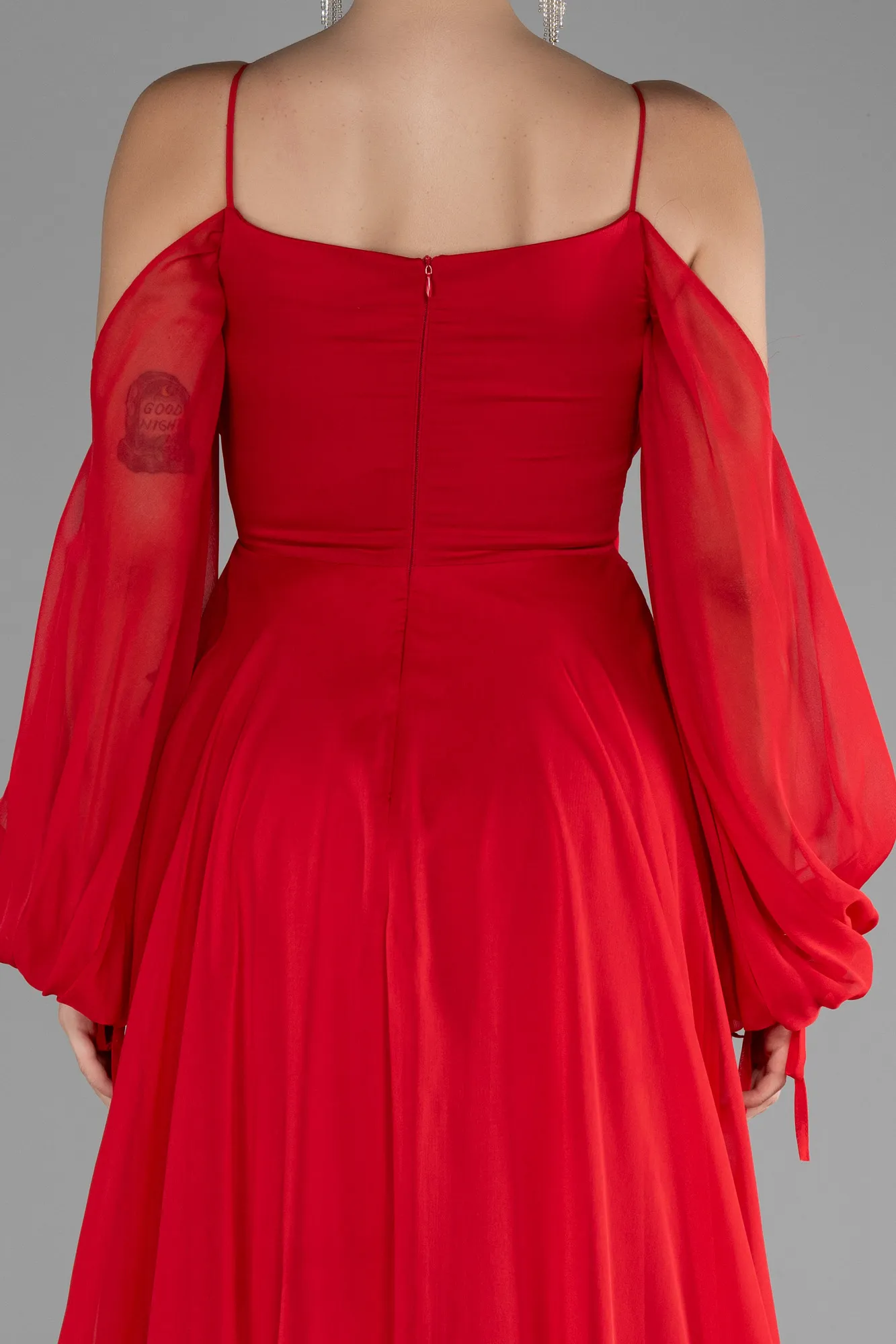 Red-Shoulder Decollete Long Sleeve Chiffon Prom Dress ABU4165