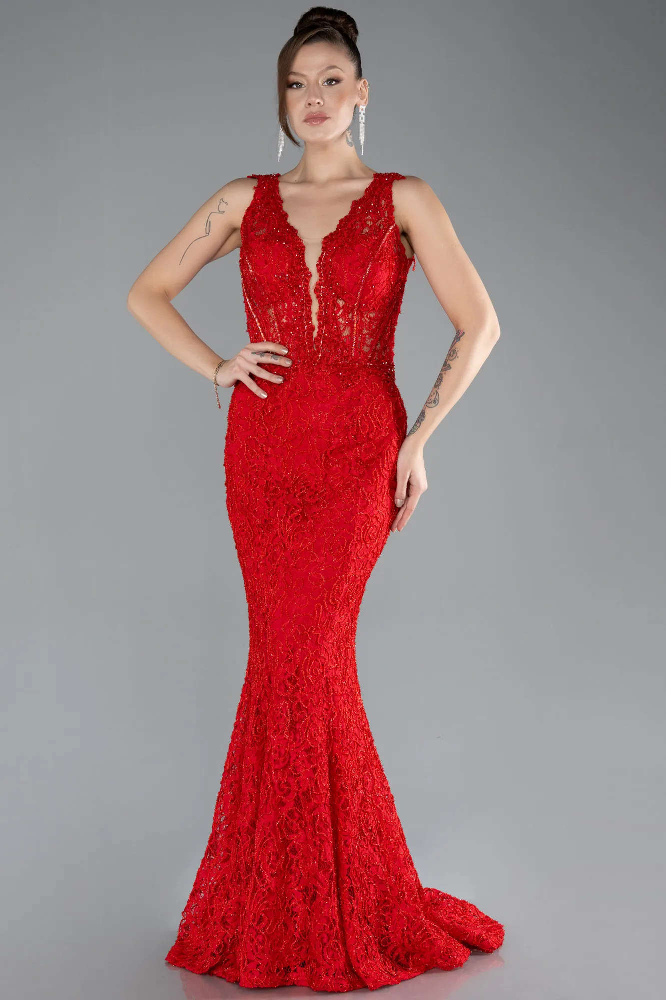 Red-Sleeveless Laced Long Mermaid Prom Gown ABU4493