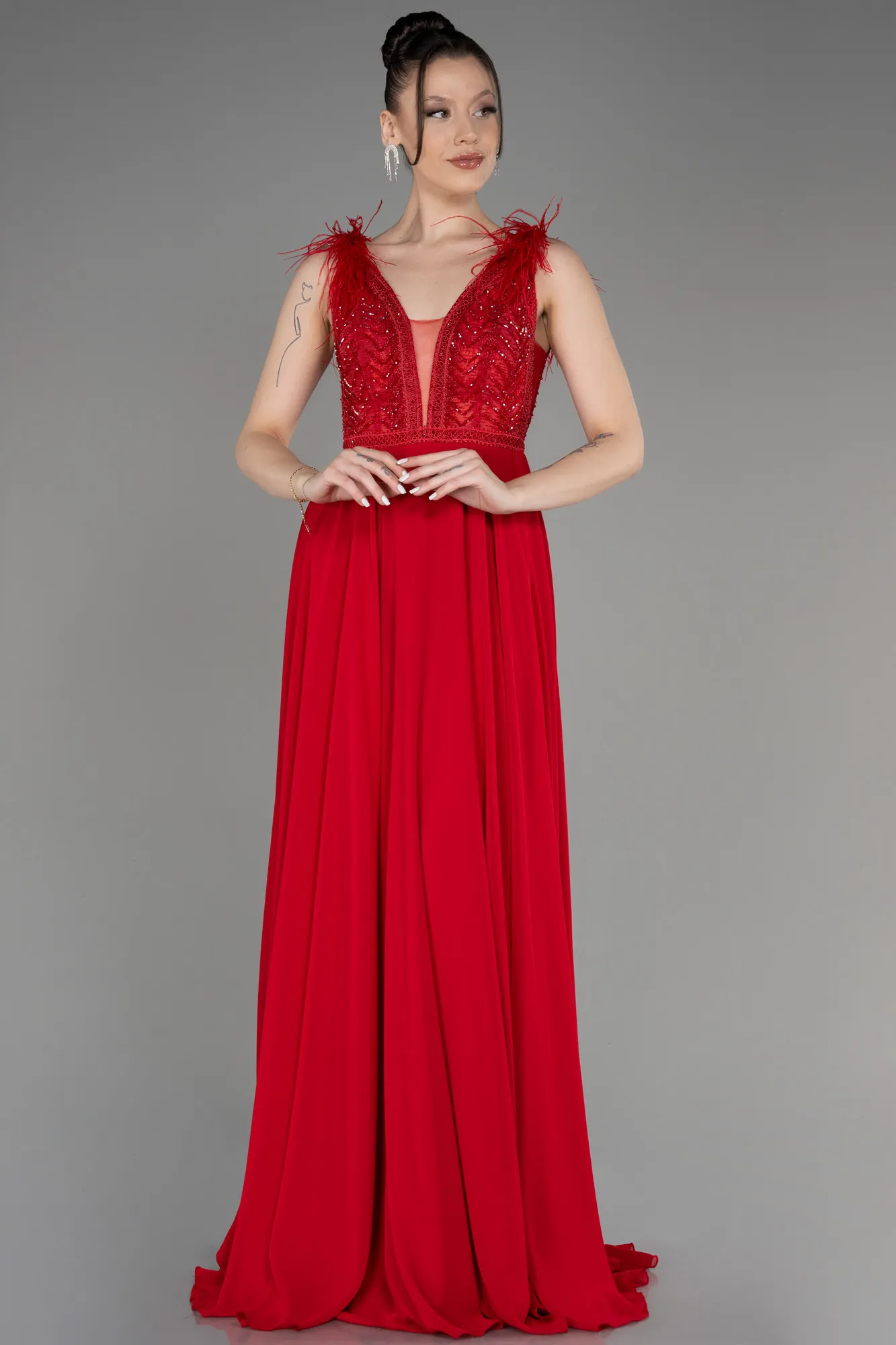 Red-Sleeveless Long Chiffon Evening Dress ABU3856