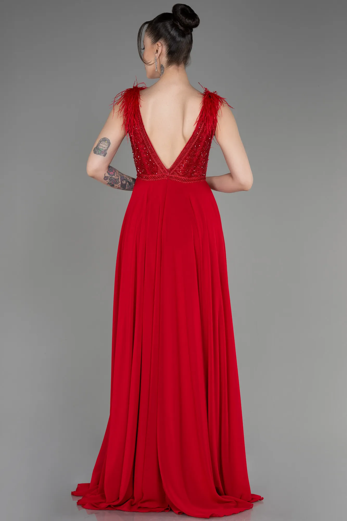 Red-Sleeveless Long Chiffon Evening Dress ABU3856