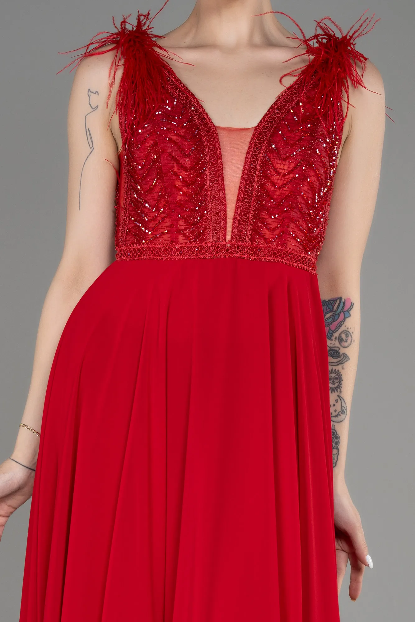 Red-Sleeveless Long Chiffon Evening Dress ABU3856