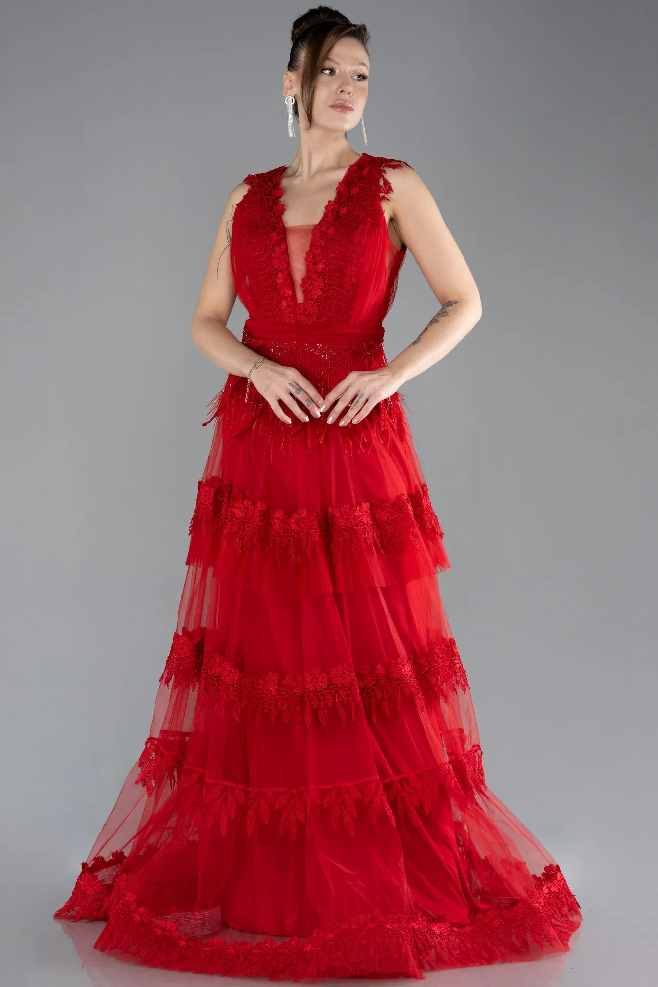 Red-Sleeveless Long Tulle Prom Dress ABU4520