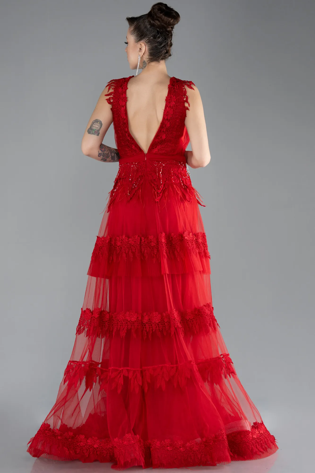 Red-Sleeveless Long Tulle Prom Dress ABU4520