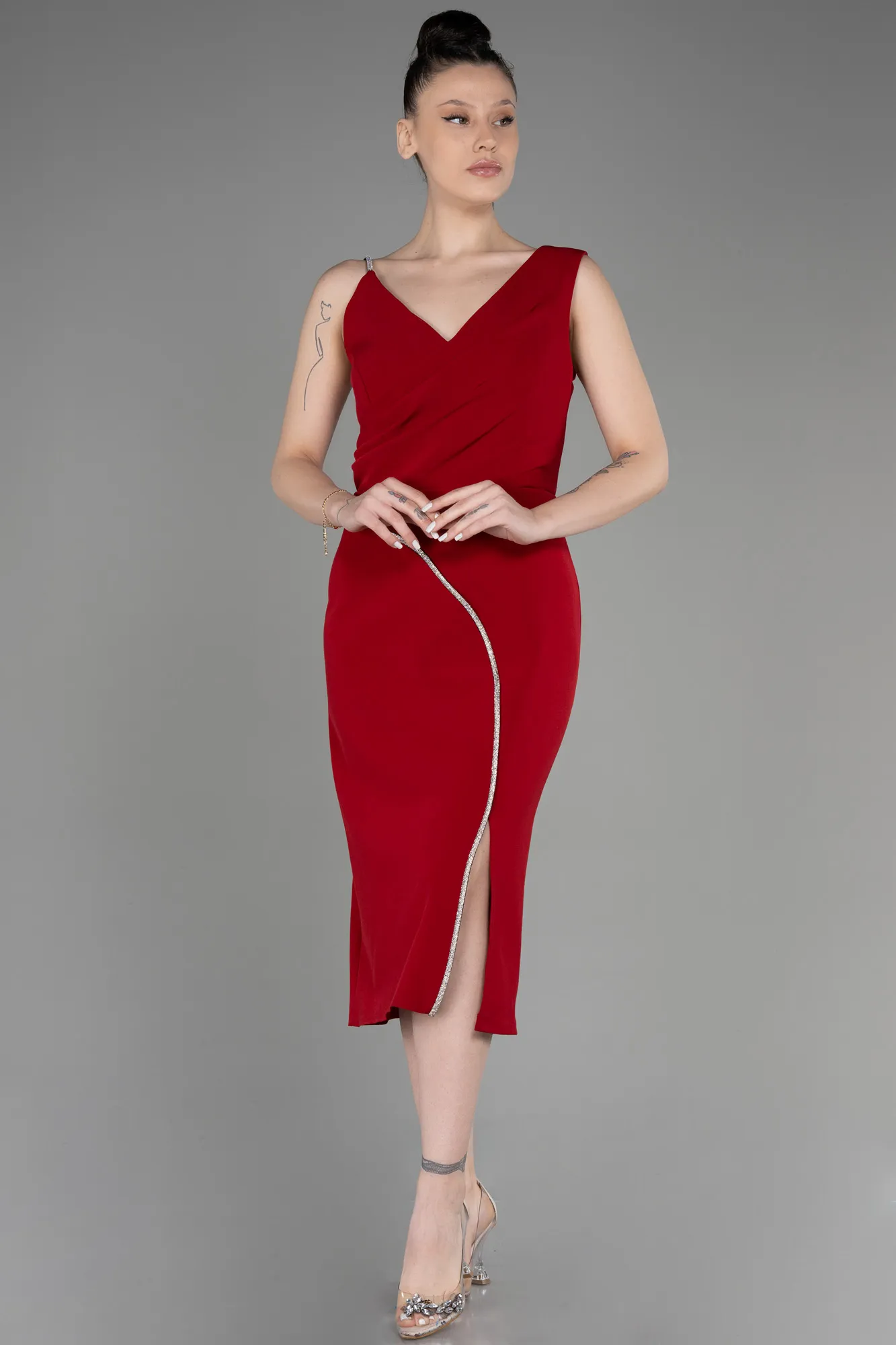 Red-Sleeveless Midi Plus Size Invitation Dress ABK2059