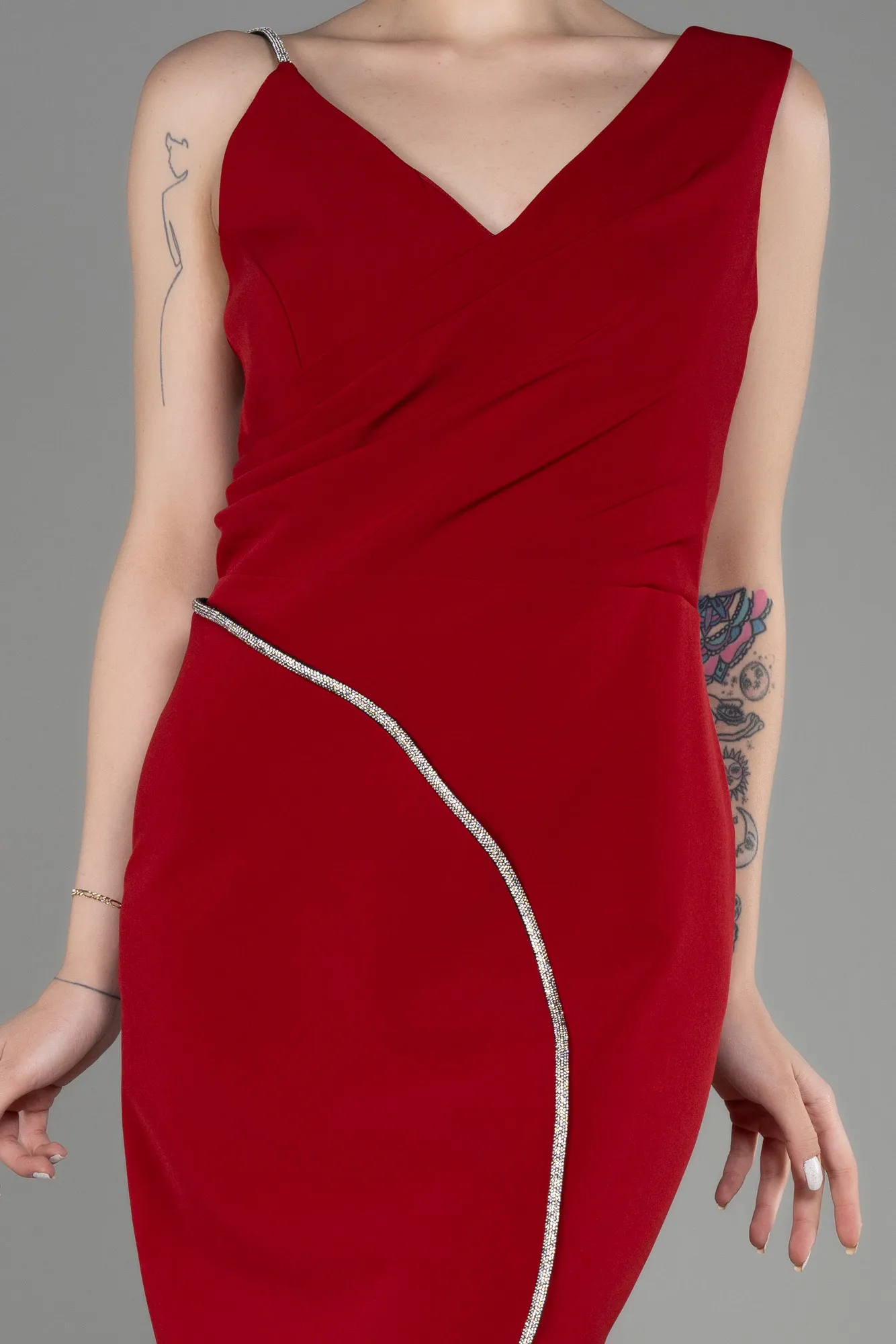 Red-Sleeveless Midi Plus Size Invitation Dress ABK2059