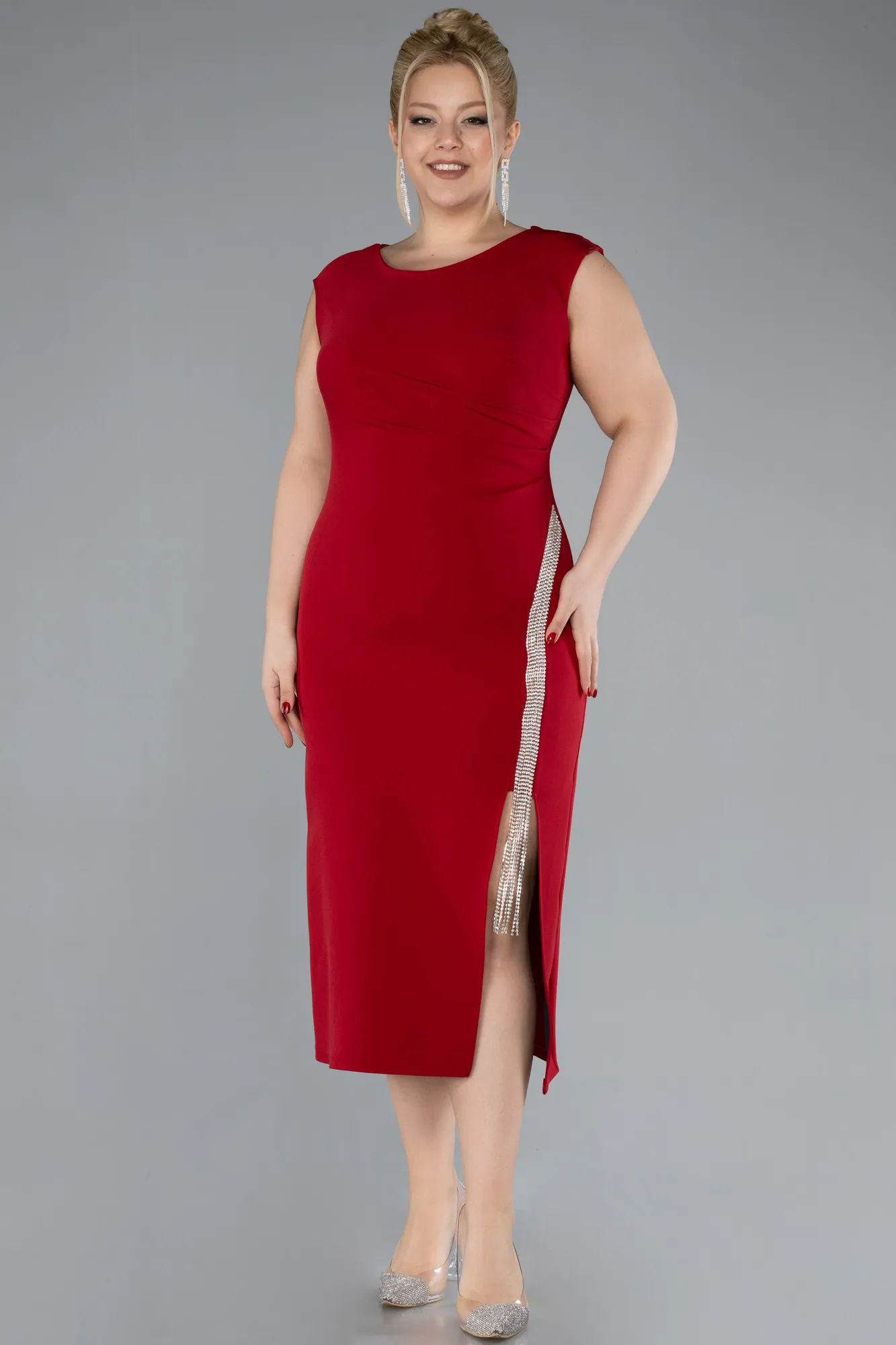 Red-Sleeveless Midi Plus Size Party Dress ABK2058