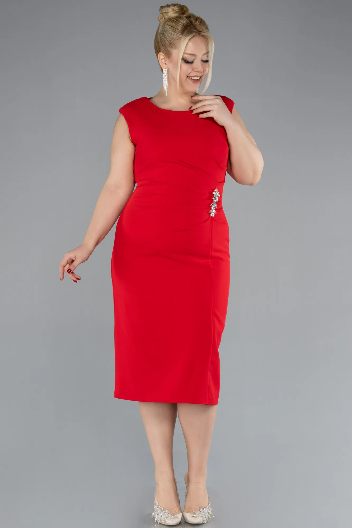 Red-Sleeveless Midi Plus Size Party Dress ABK2190