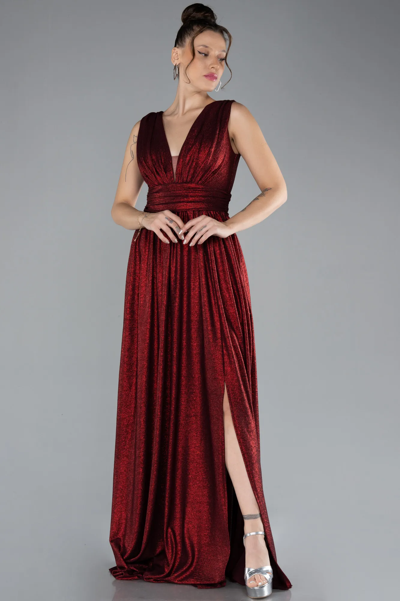 Red-Sleeveless Slit Long Glitter Evening Dress ABU4377