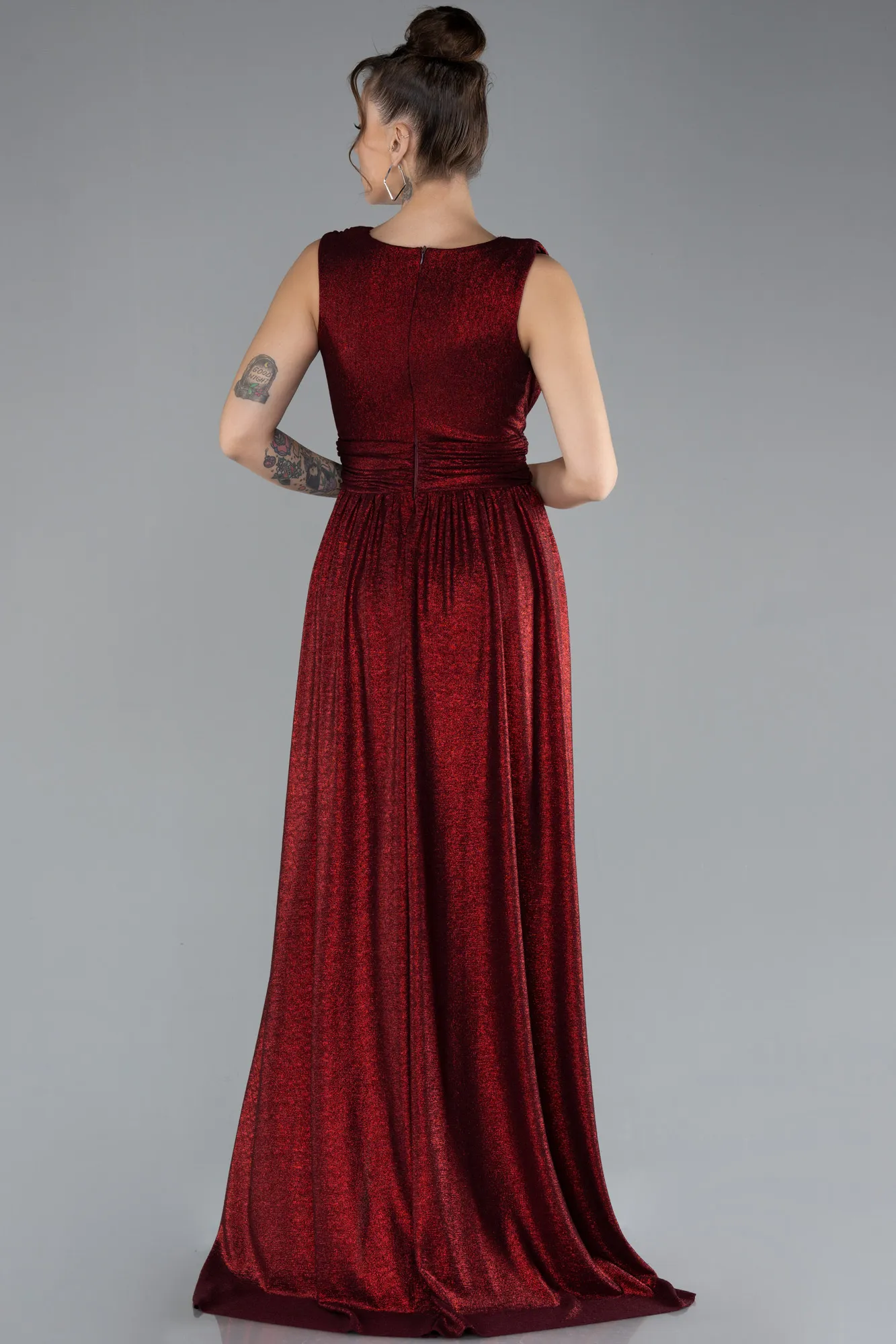 Red-Sleeveless Slit Long Glitter Evening Dress ABU4377