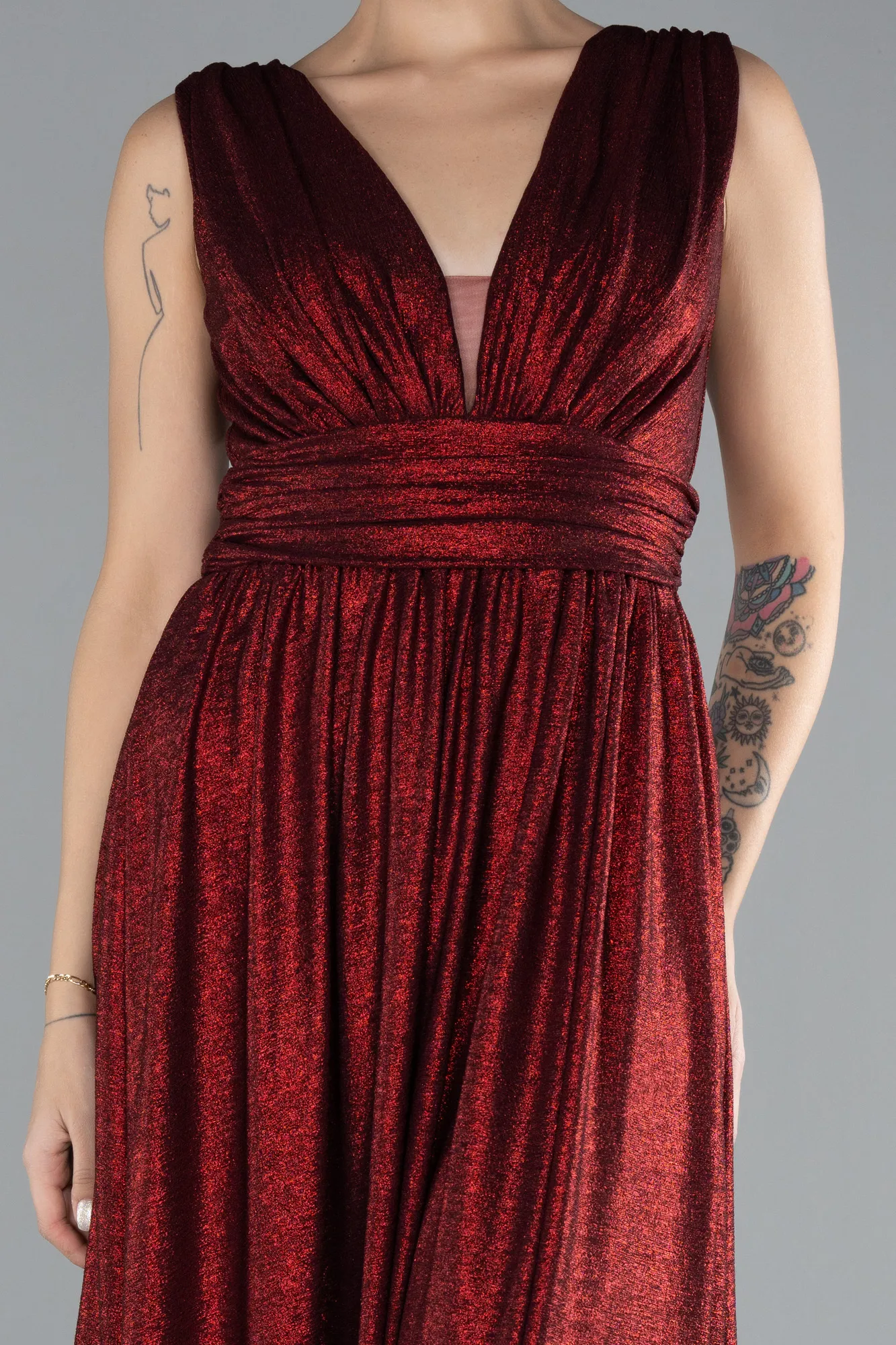 Red-Sleeveless Slit Long Glitter Evening Dress ABU4377