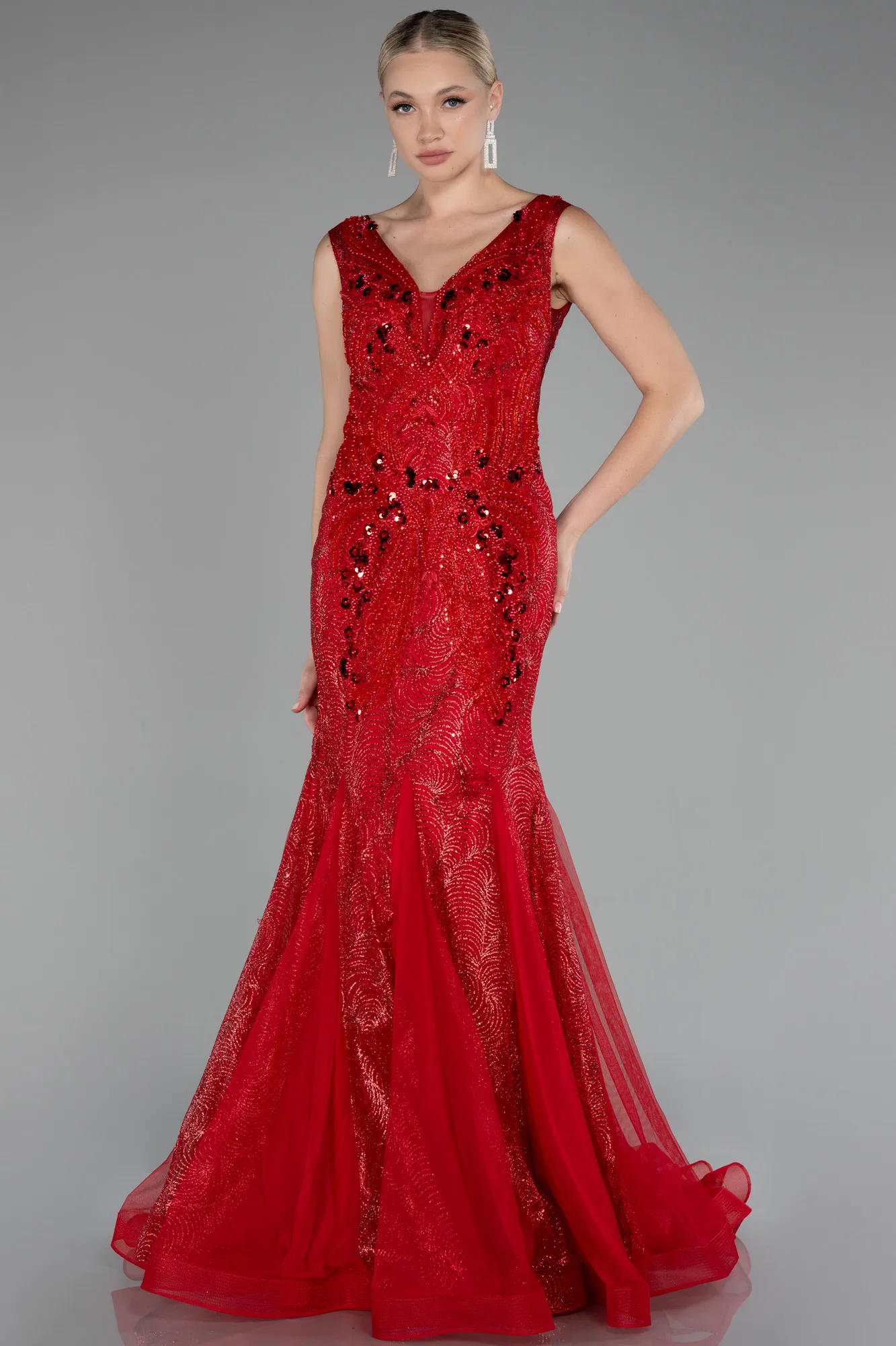 Red-Sleeveless Stoned Long Evening Gown ABU4170