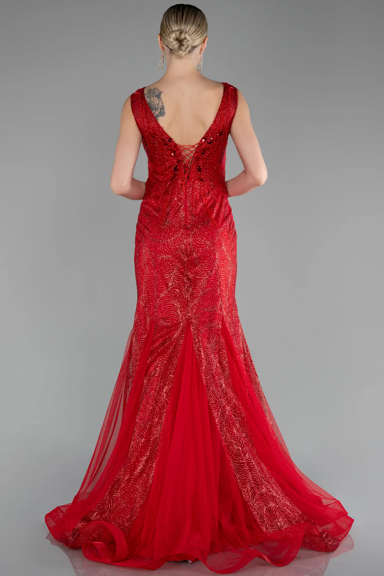 Red-Sleeveless Stoned Long Evening Gown ABU4170