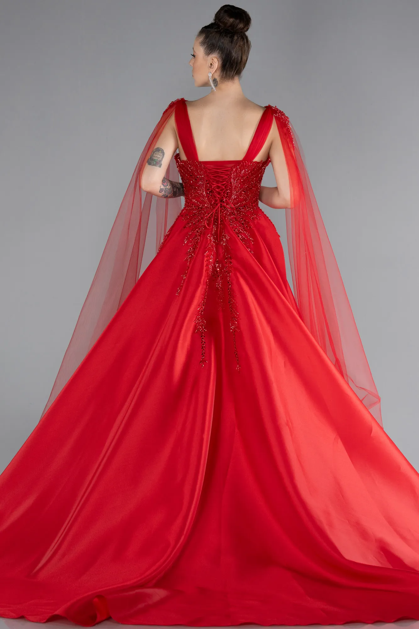 Red-Sleeveless Stoned Long Haute Couture Dress ABU4432