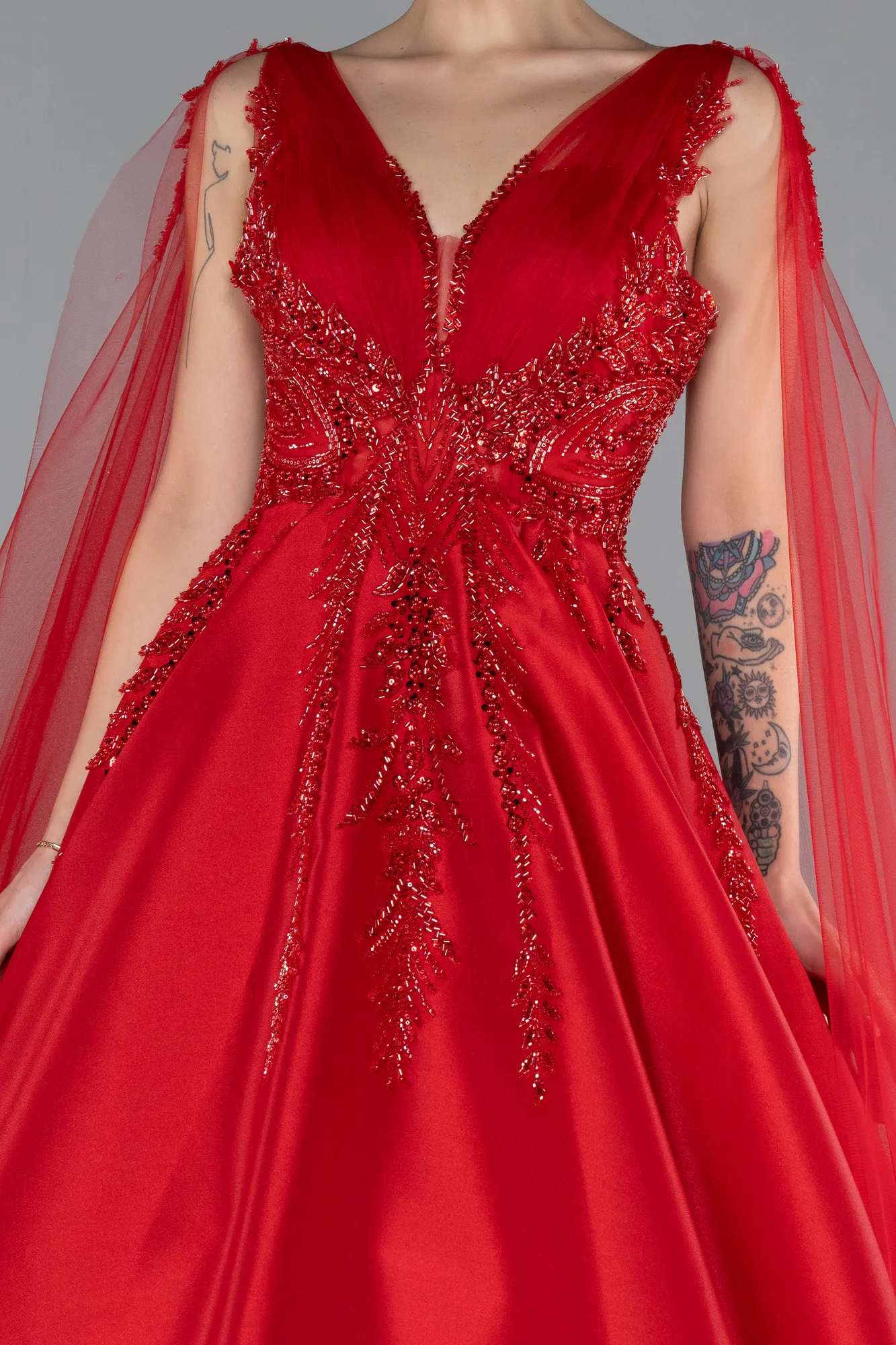 Red-Sleeveless Stoned Long Haute Couture Dress ABU4432