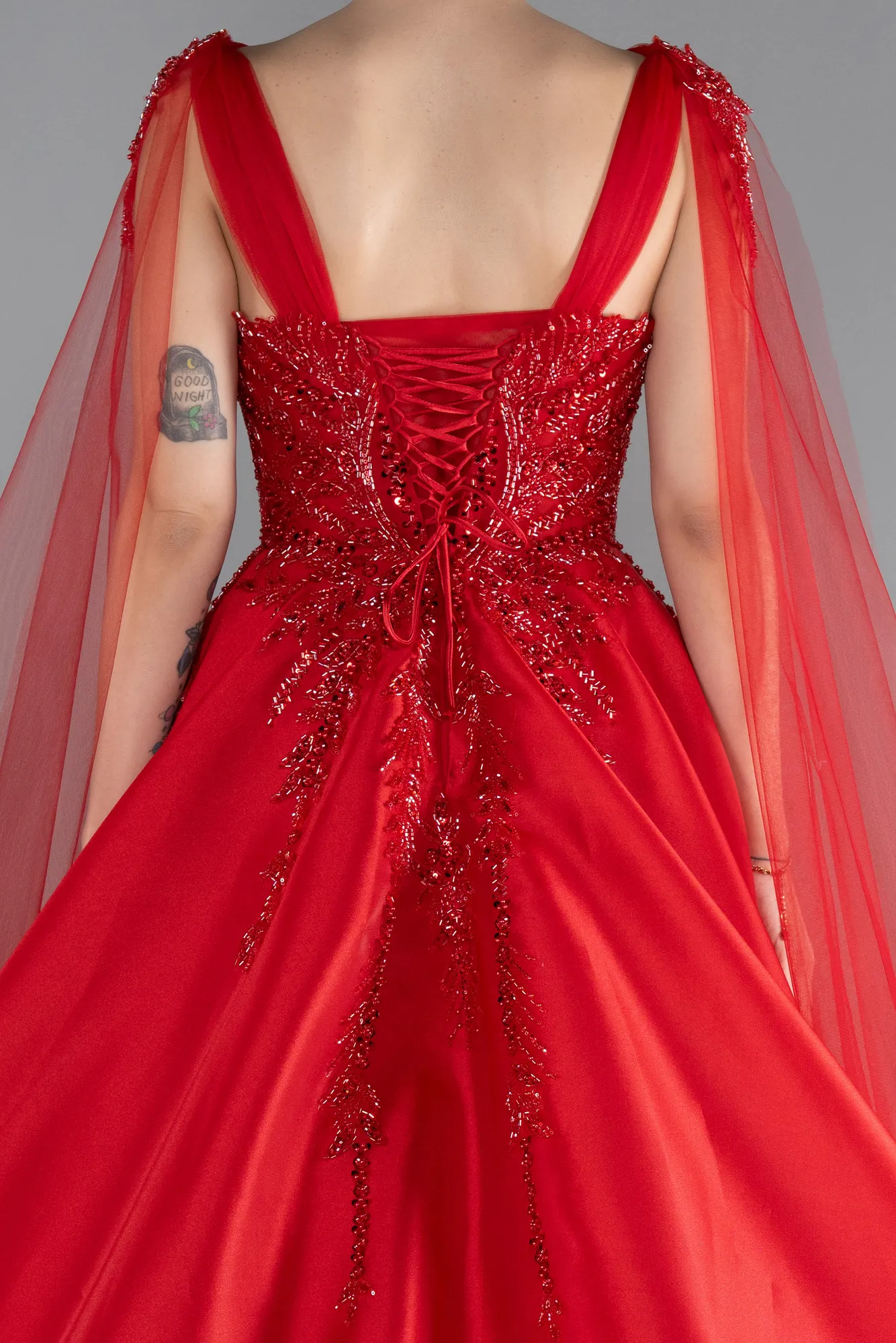 Red-Sleeveless Stoned Long Haute Couture Dress ABU4432