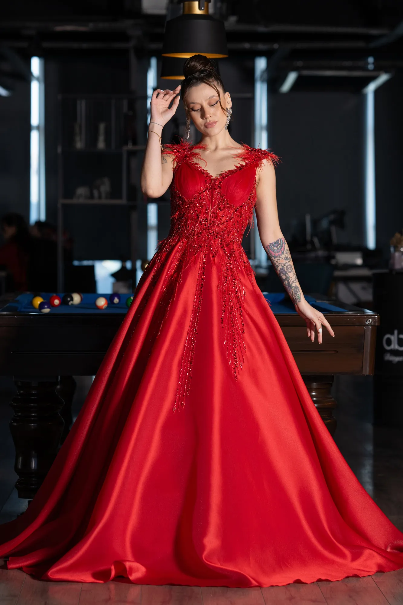 Red-Sleeveless Stoned Long Princess Haute Couture Dress ABU4436