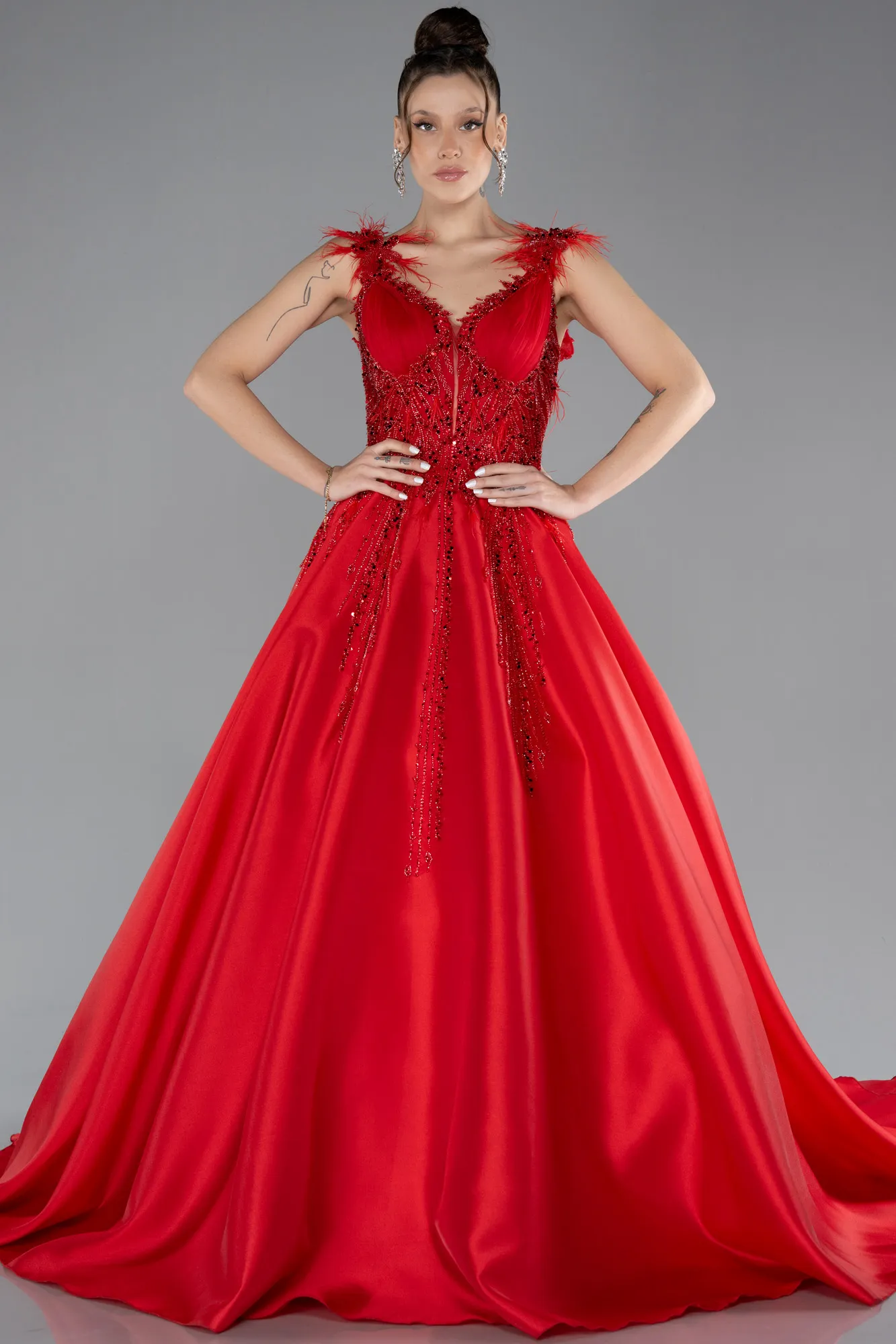 Red-Sleeveless Stoned Long Princess Haute Couture Dress ABU4436