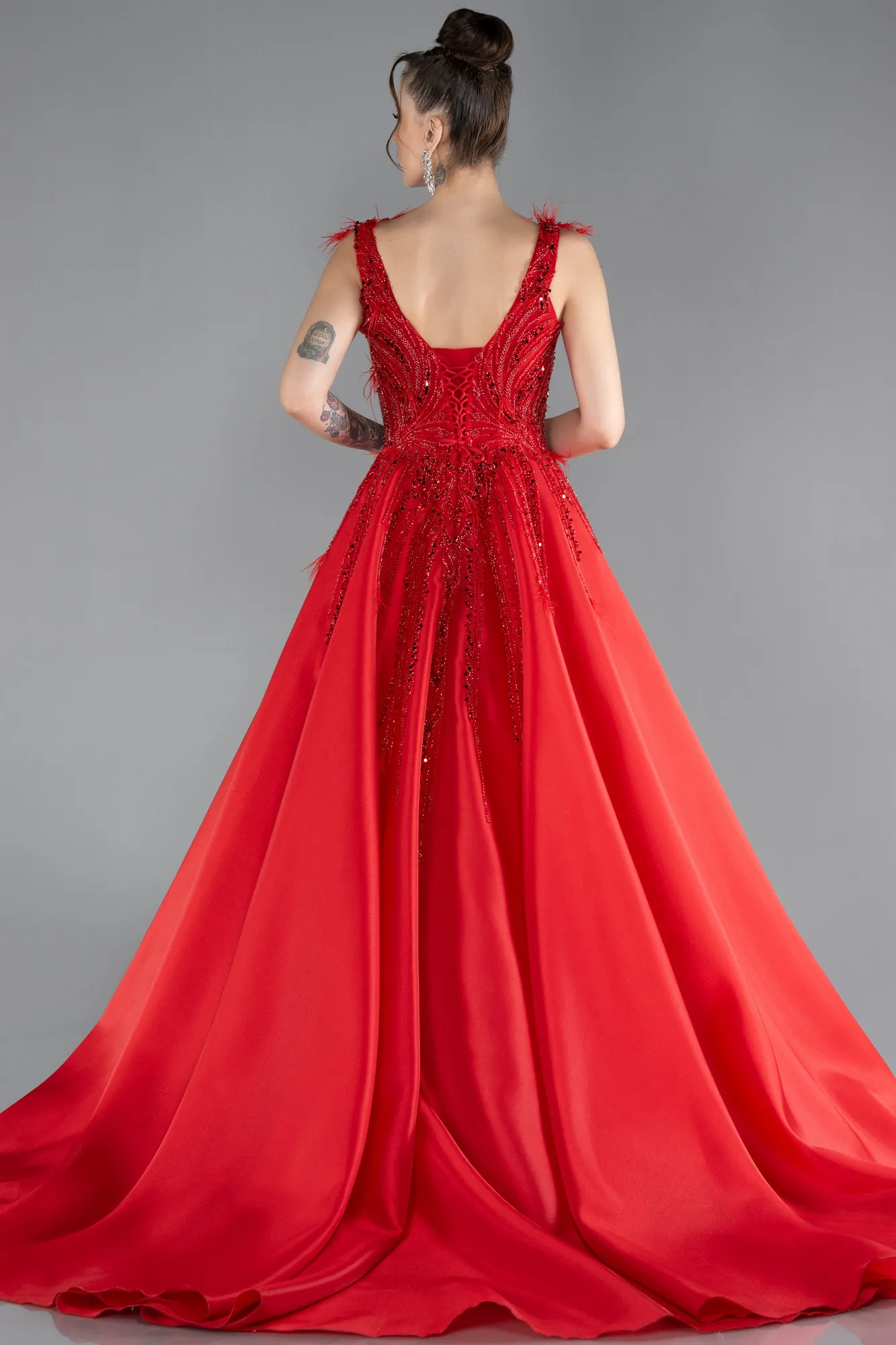 Red-Sleeveless Stoned Long Princess Haute Couture Dress ABU4436