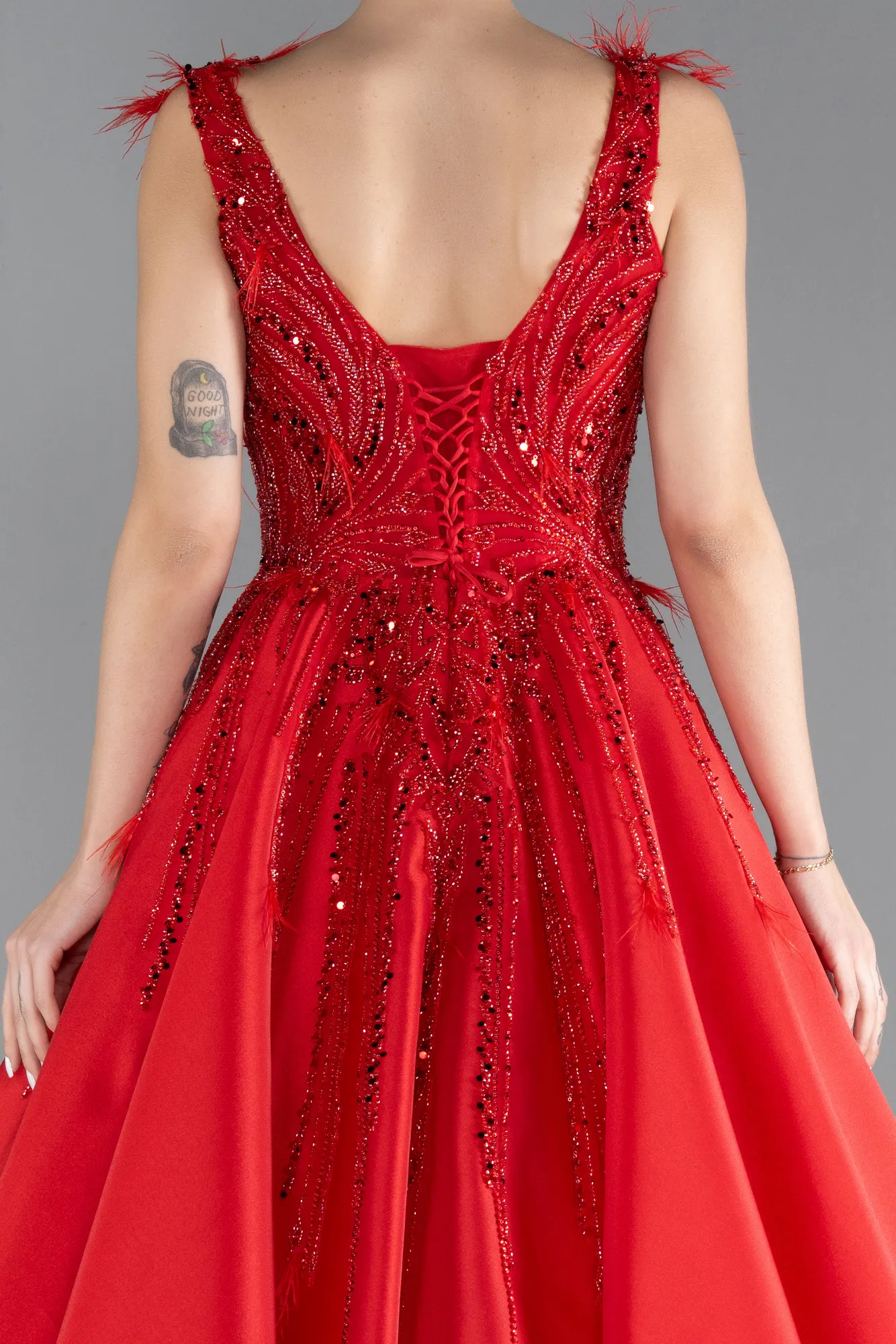 Red-Sleeveless Stoned Long Princess Haute Couture Dress ABU4436