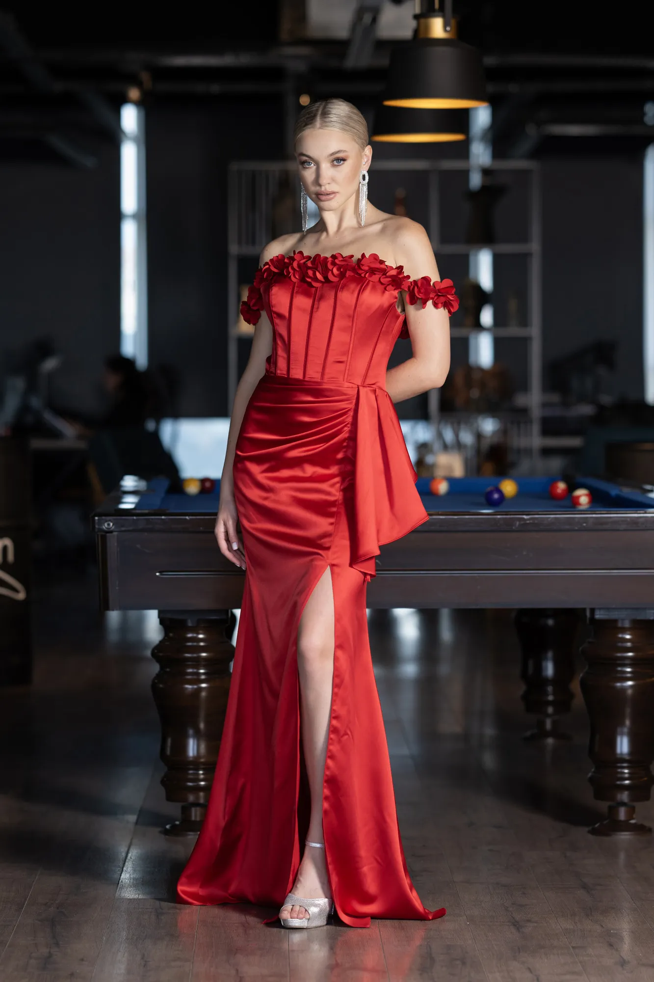 Red-Slit Boat Neck Long Satin Evening Dress ABU4055