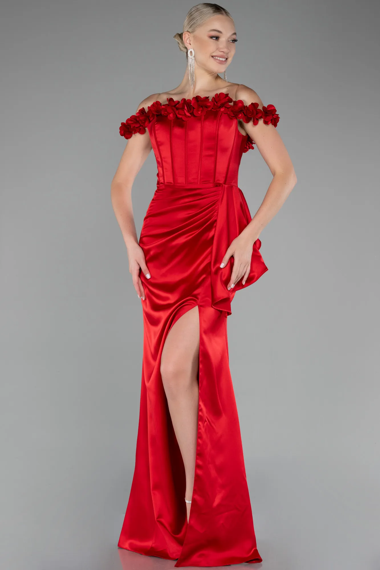 Red-Slit Boat Neck Long Satin Evening Dress ABU4055