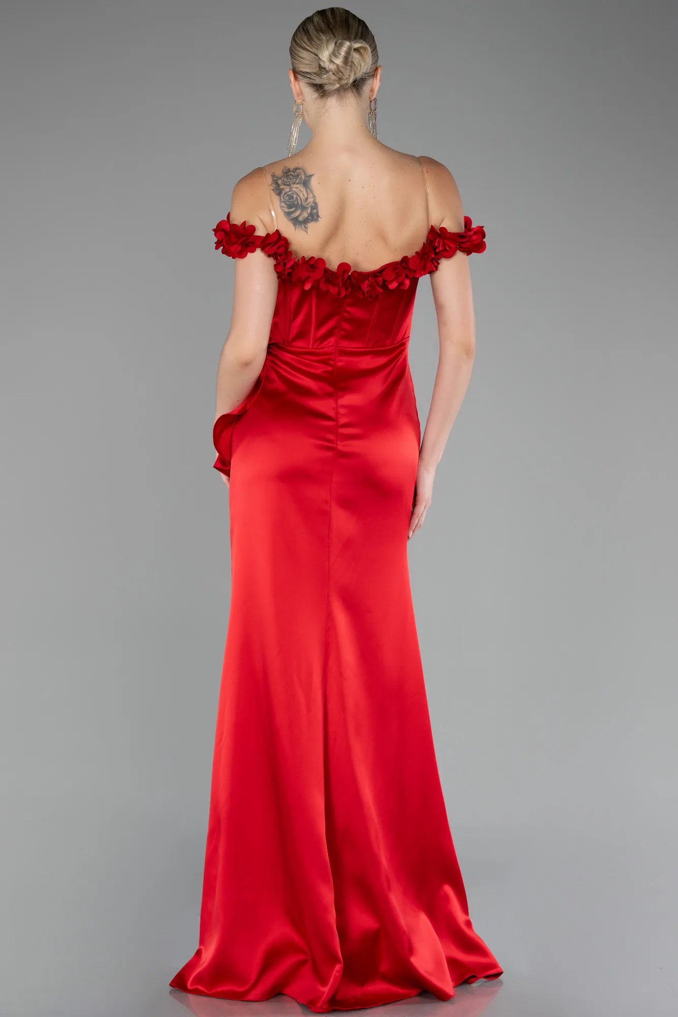 Red-Slit Boat Neck Long Satin Evening Dress ABU4055