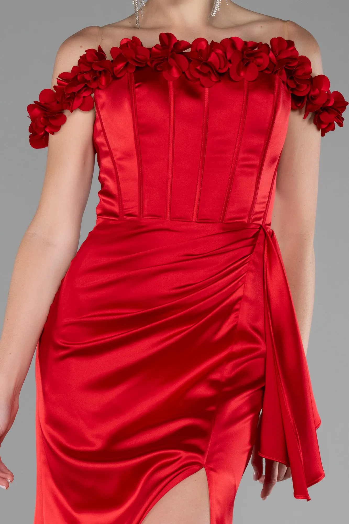 Red-Slit Boat Neck Long Satin Evening Dress ABU4055