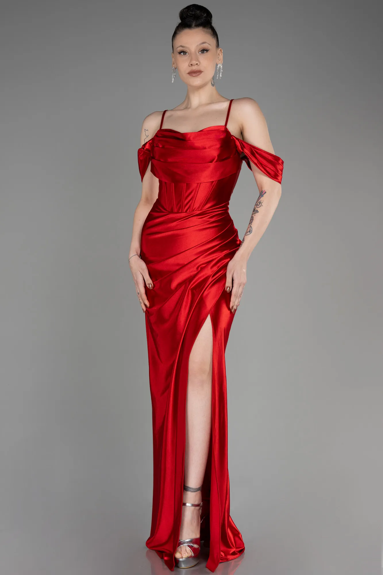 Red-Slit Long Satin Evening Dress ABU3840