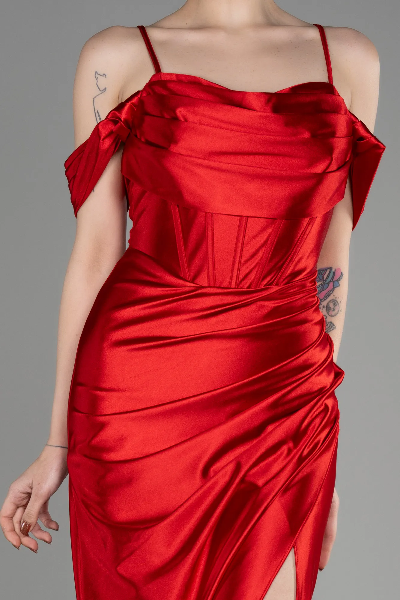 Red-Slit Long Satin Evening Dress ABU3840