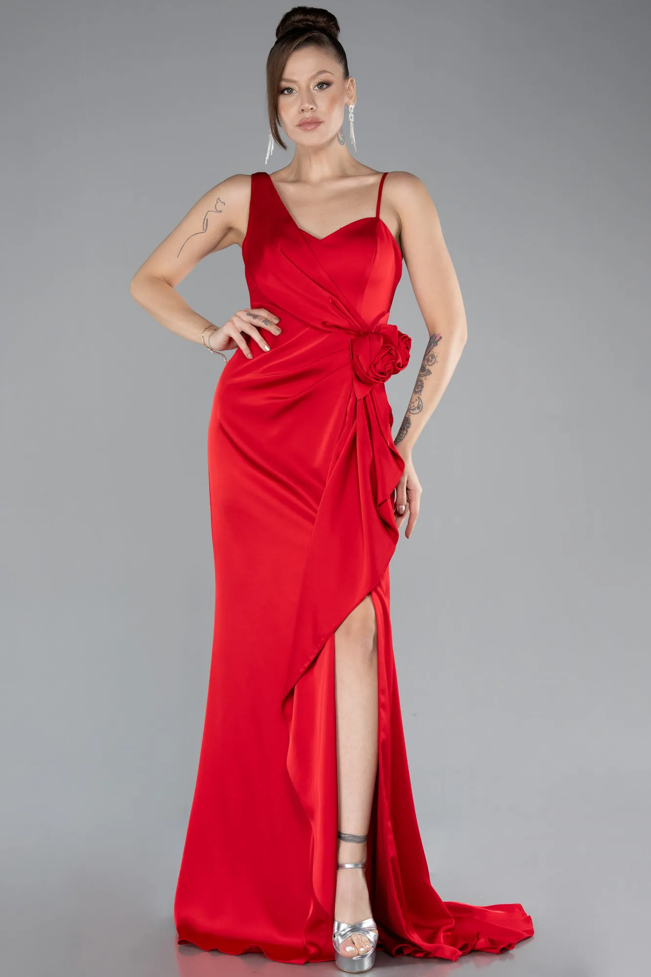 Red-Slit Long Satin Evening Gown ABU4498