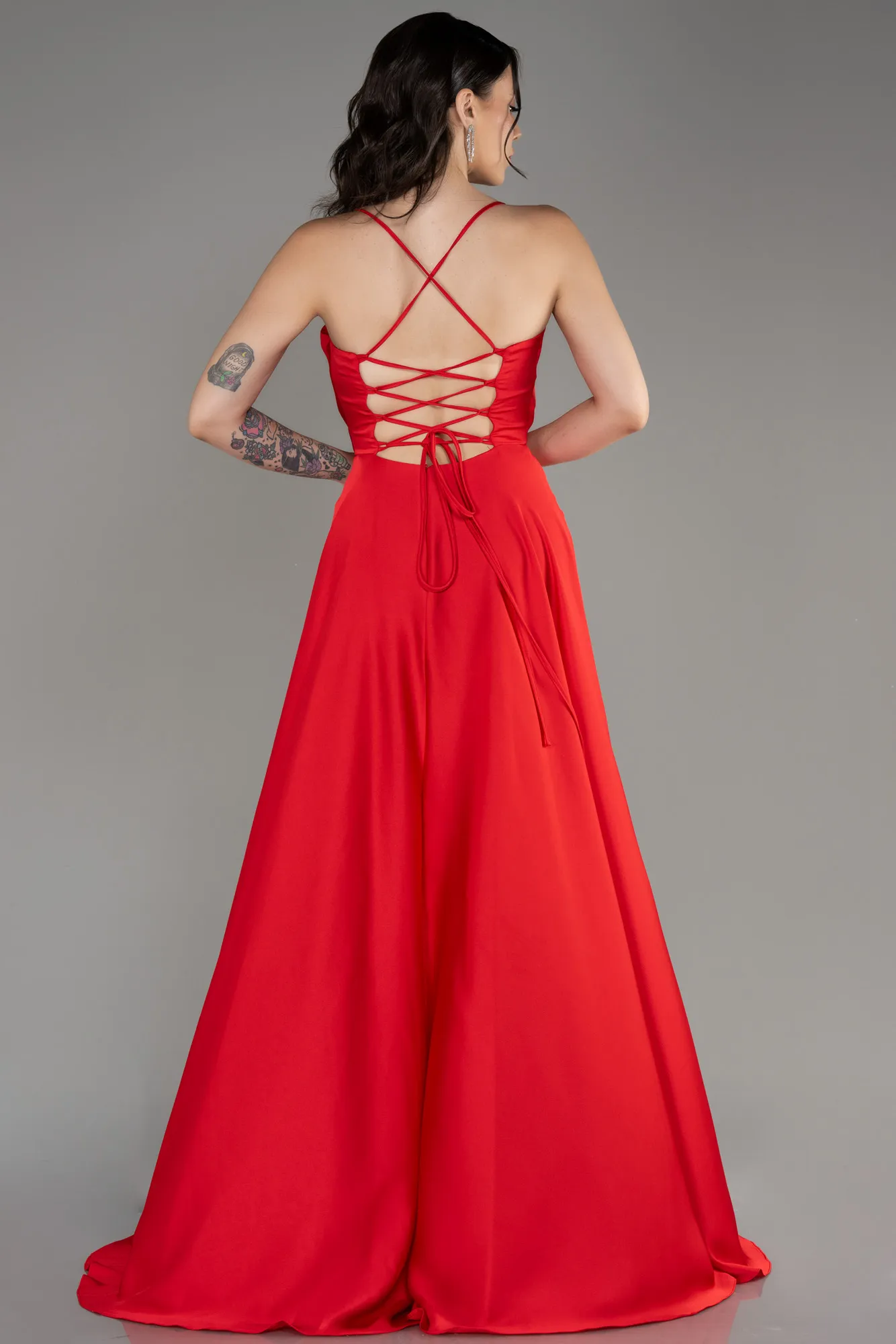 Red-Slit Long Satin Prom Dress ABU4017