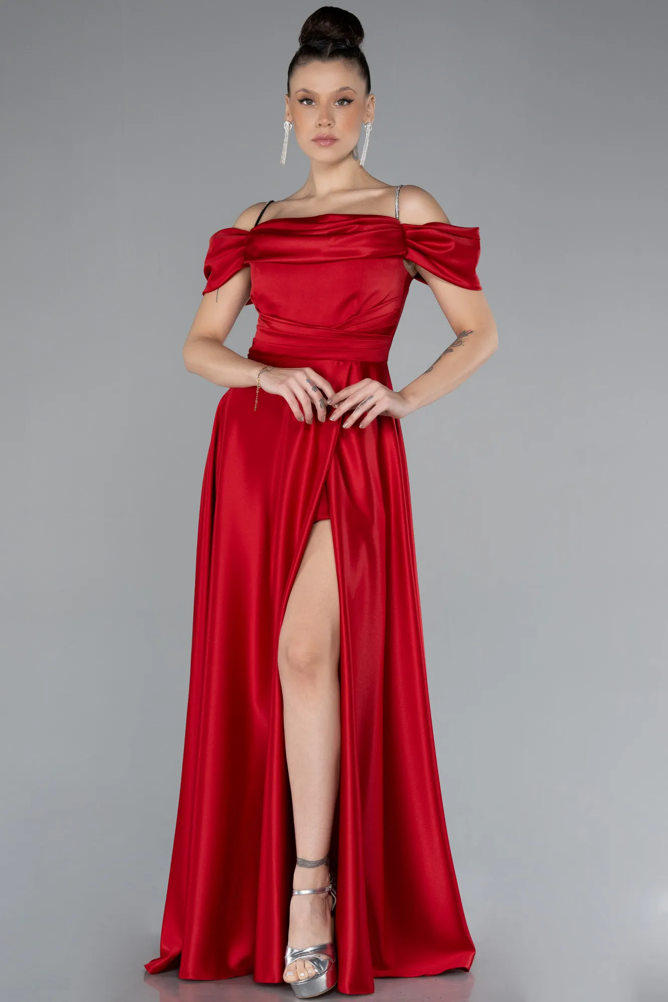 Red-Slit Long Satin Prom Gown ABU4531