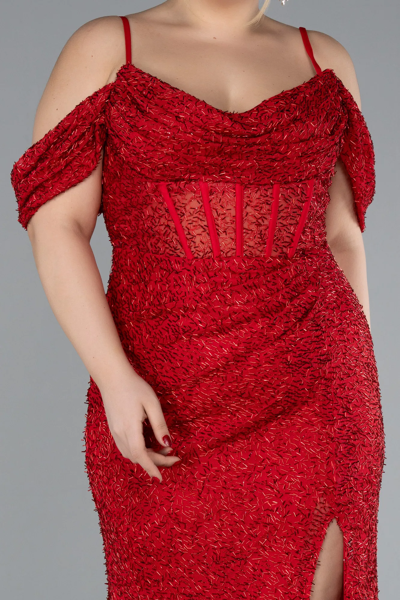 Red-Slit Long Stone Plus Size Prom Dress ABU4395