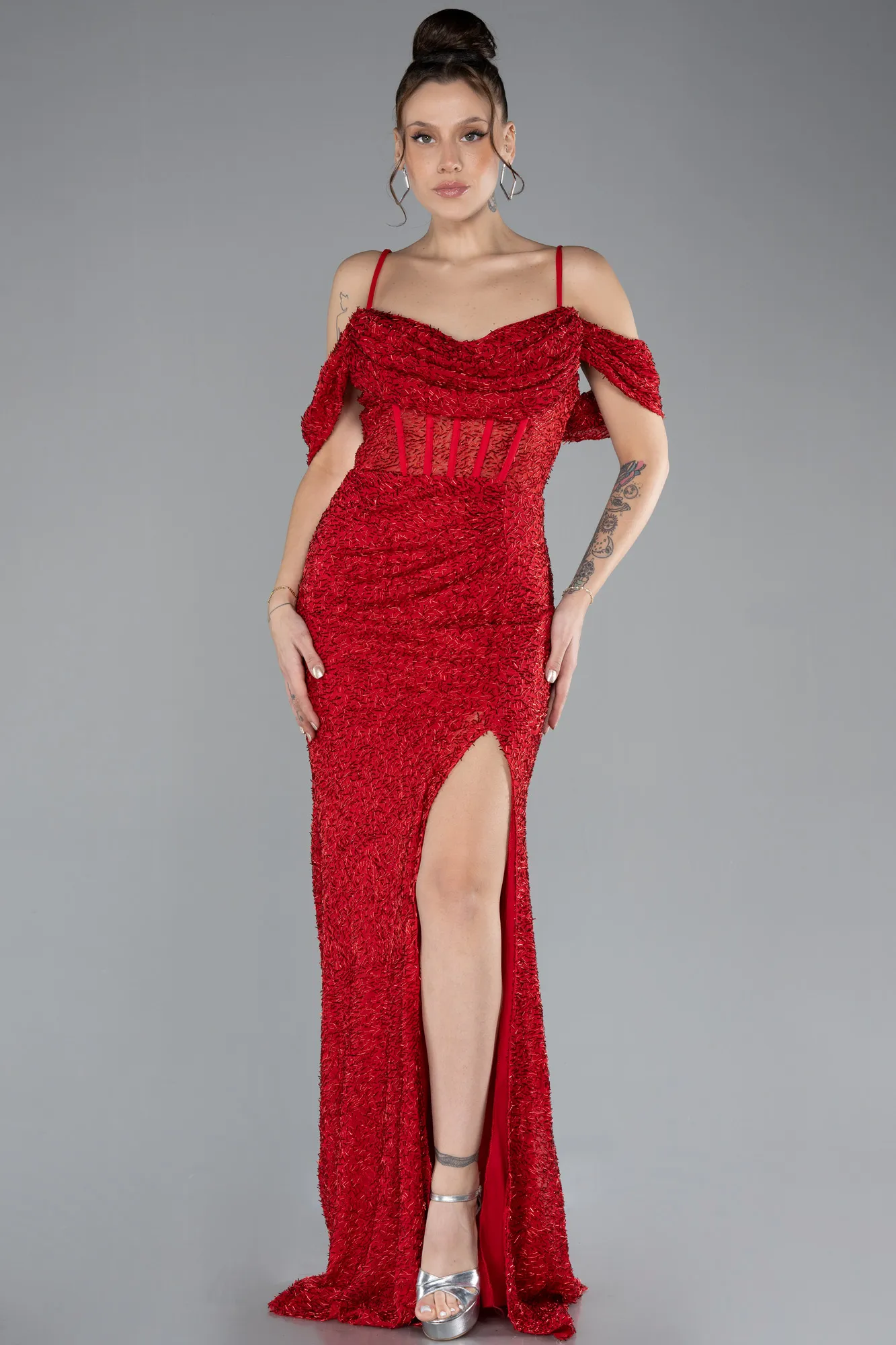 Red-Slit Long Stone Prom Gown ABU4394