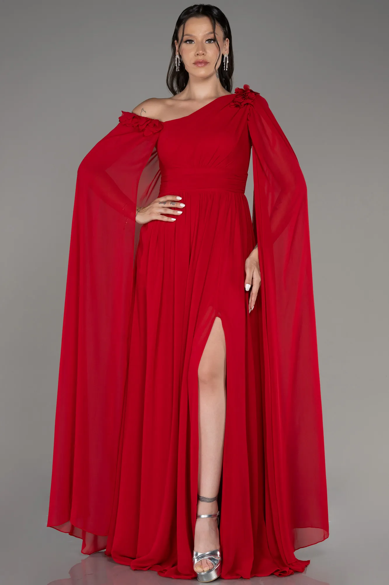 Red-Slit Shawl Long Chiffon Evening Dress ABU4001