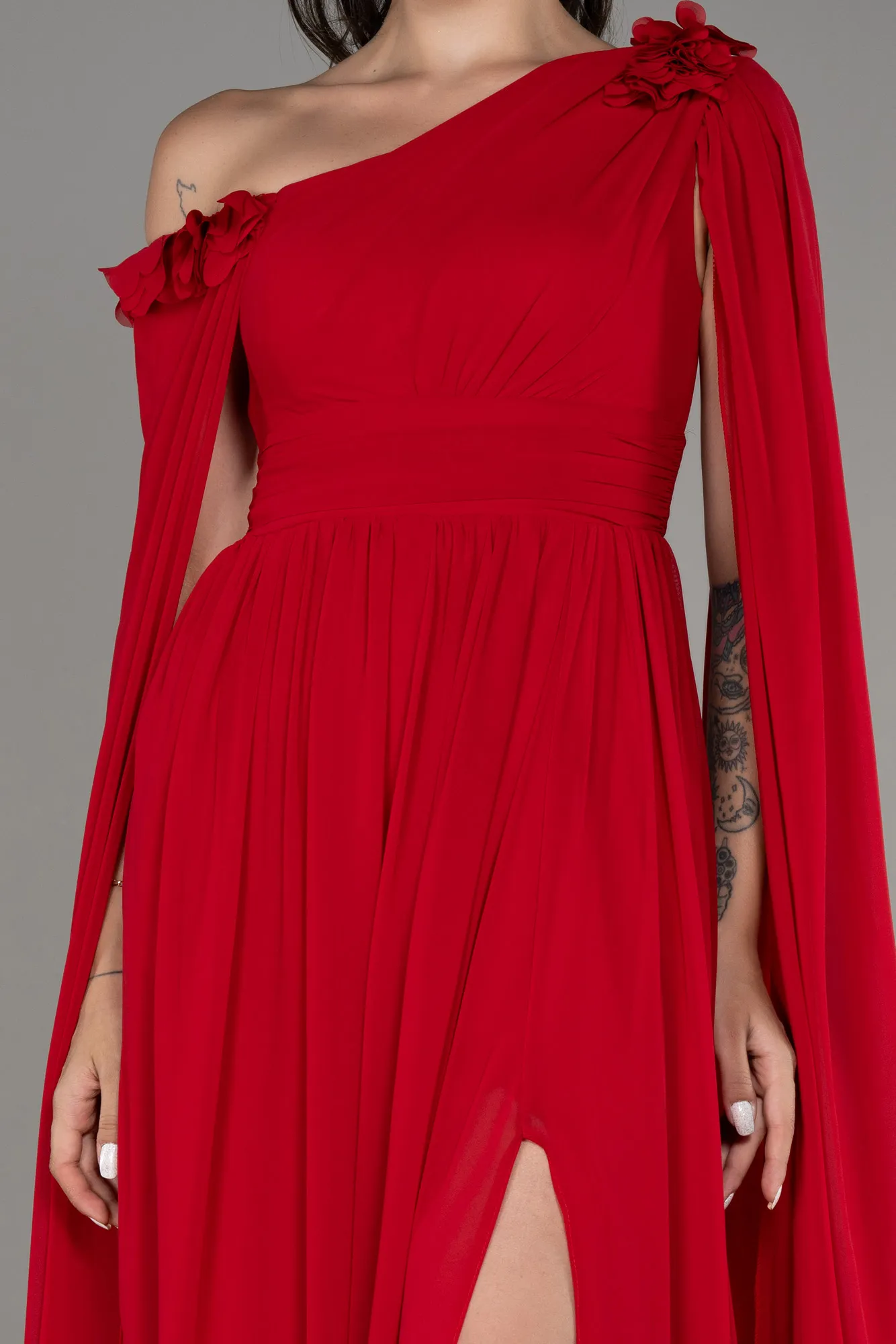 Red-Slit Shawl Long Chiffon Evening Dress ABU4001