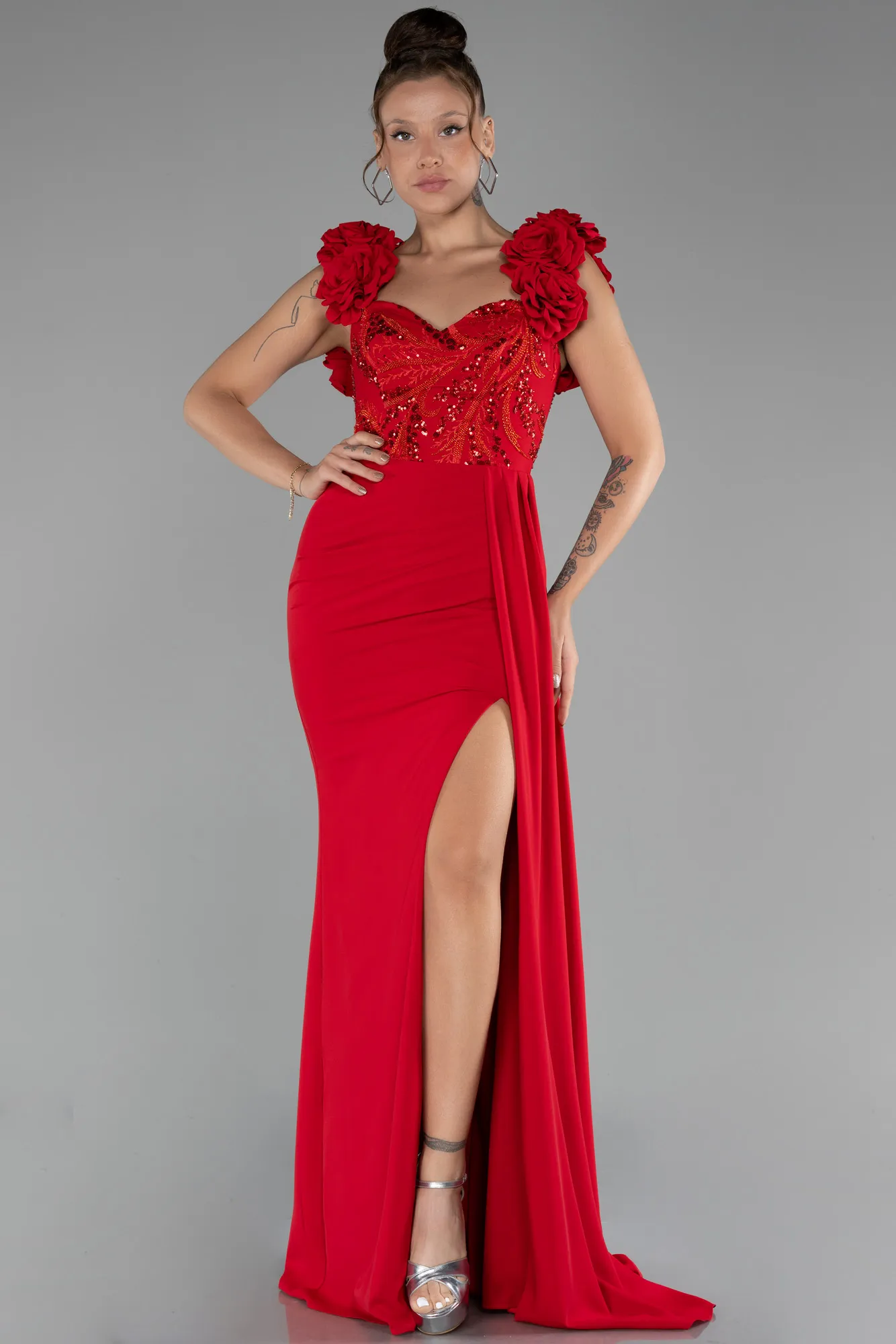 Red-Slit Strap Flowers Long Chiffon Evening Gown ABU4272