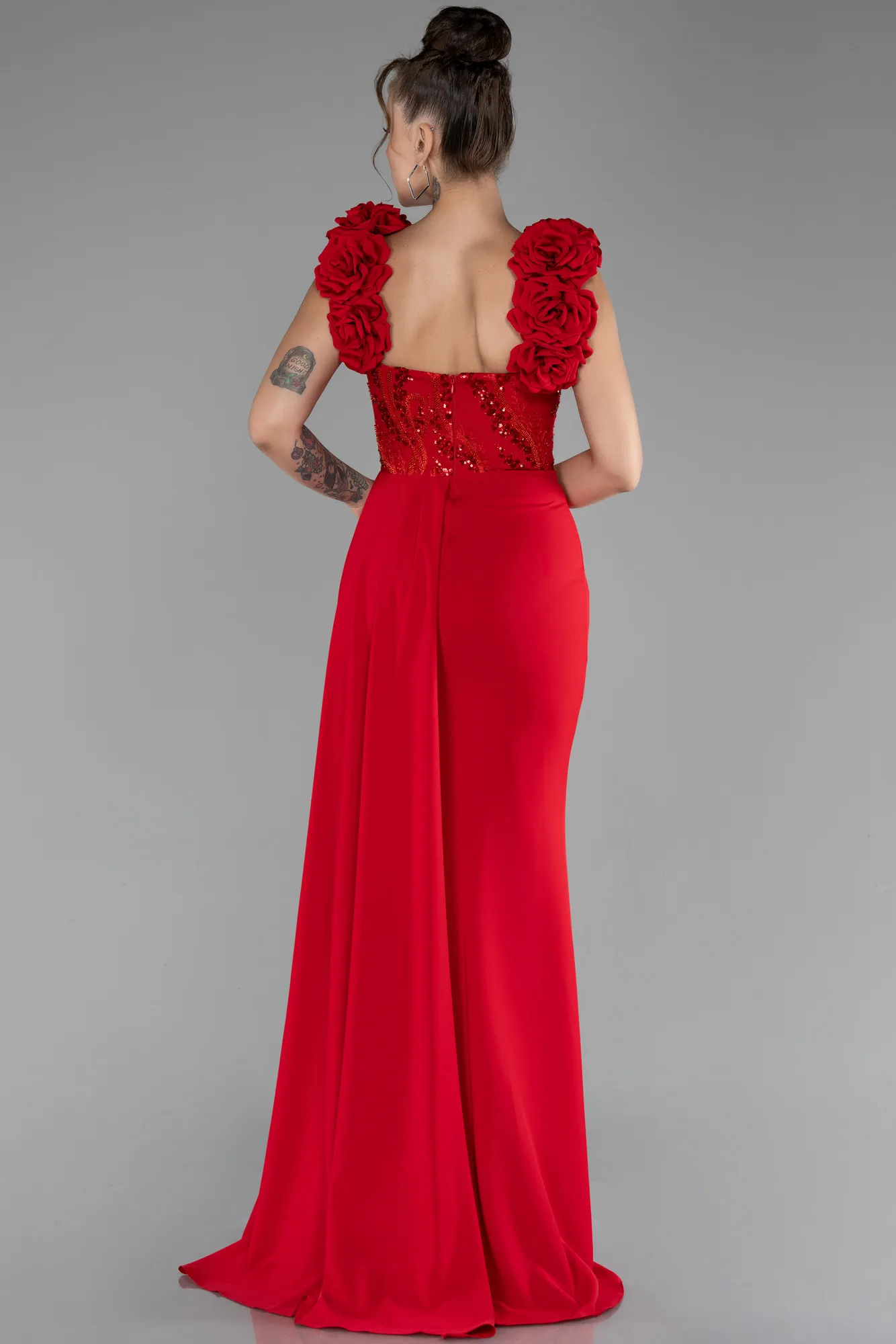 Red-Slit Strap Flowers Long Chiffon Evening Gown ABU4272