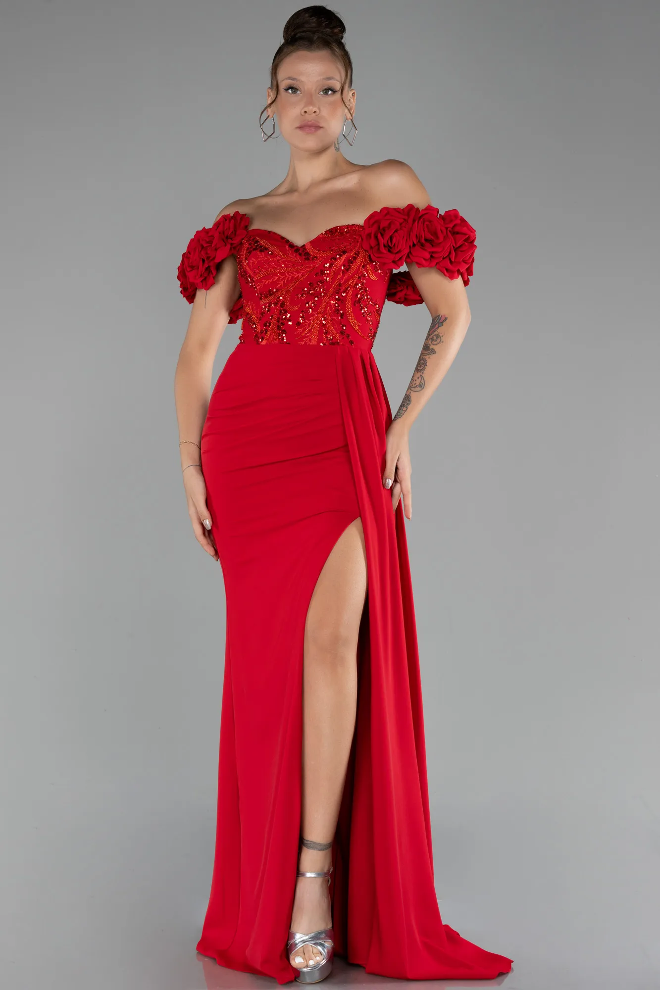 Red-Slit Strap Flowers Long Chiffon Evening Gown ABU4272