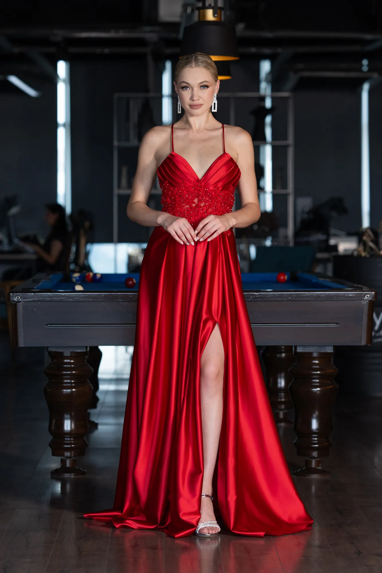 Red-Srappy Long Satin Prom Gown ABU4133