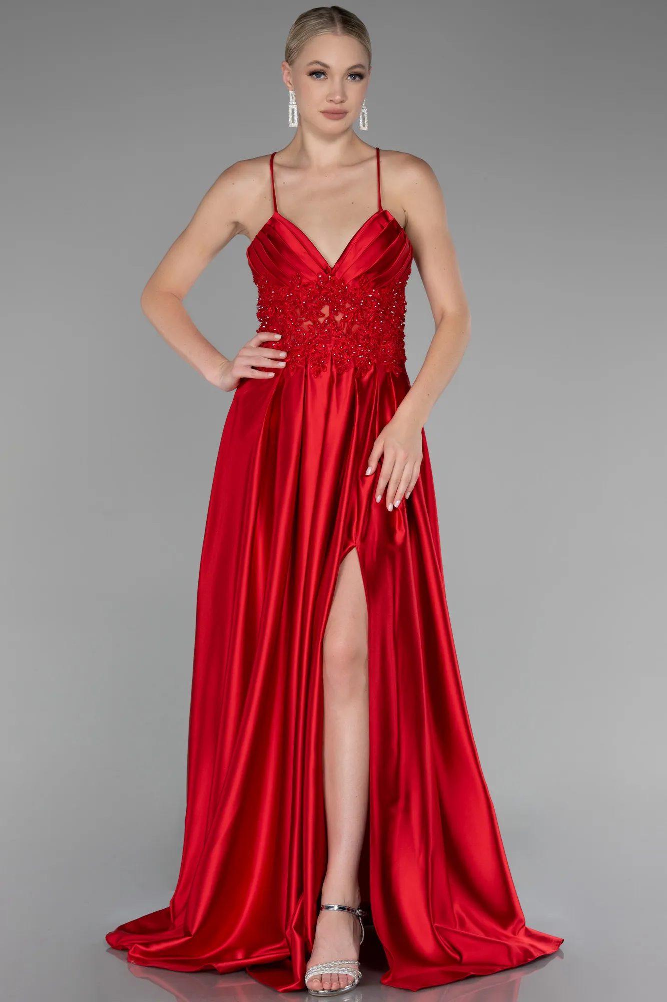 Red-Srappy Long Satin Prom Gown ABU4133