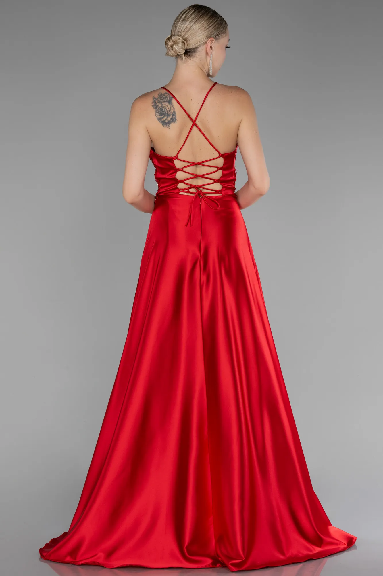 Red-Srappy Long Satin Prom Gown ABU4133