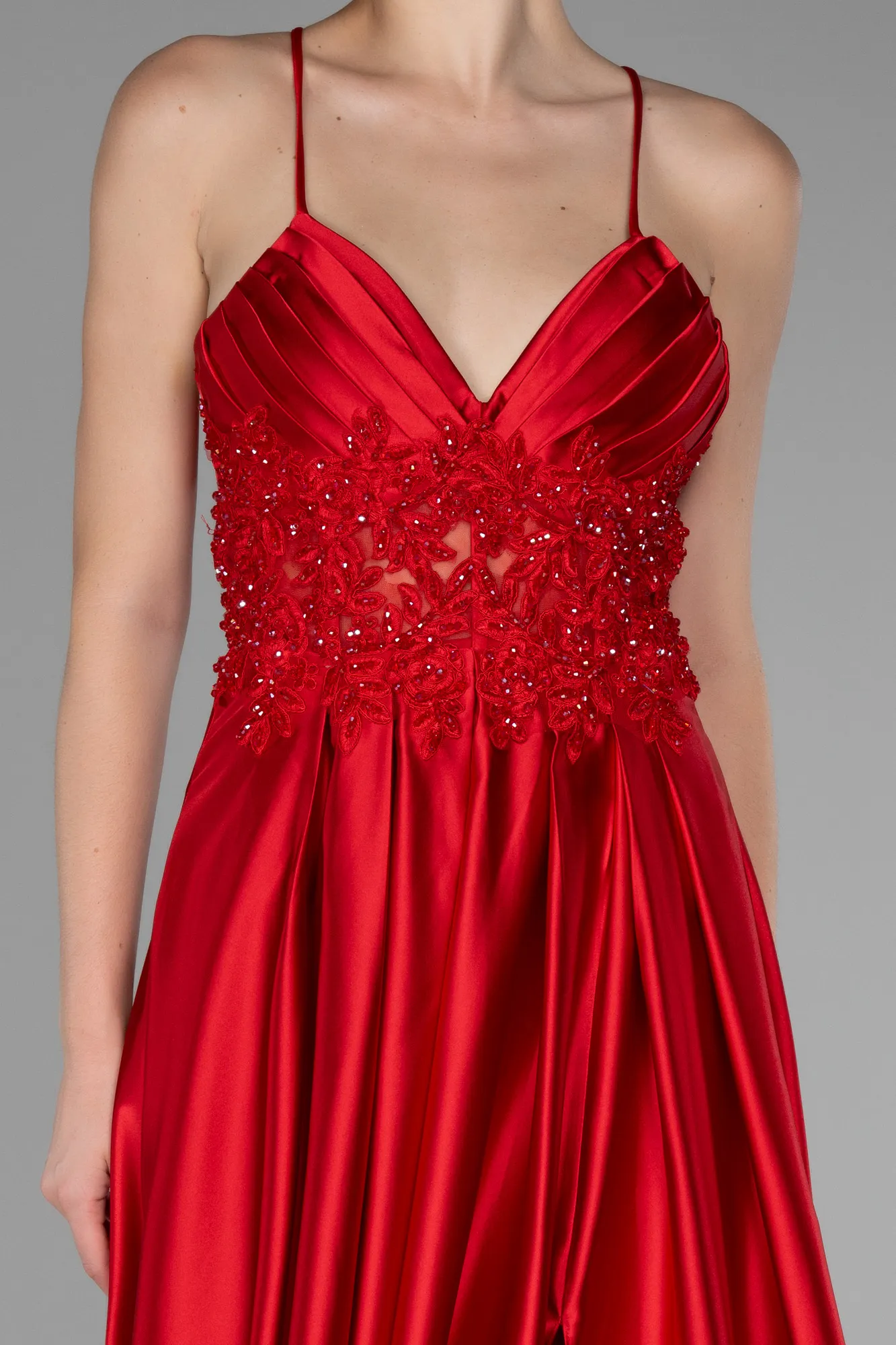 Red-Srappy Long Satin Prom Gown ABU4133