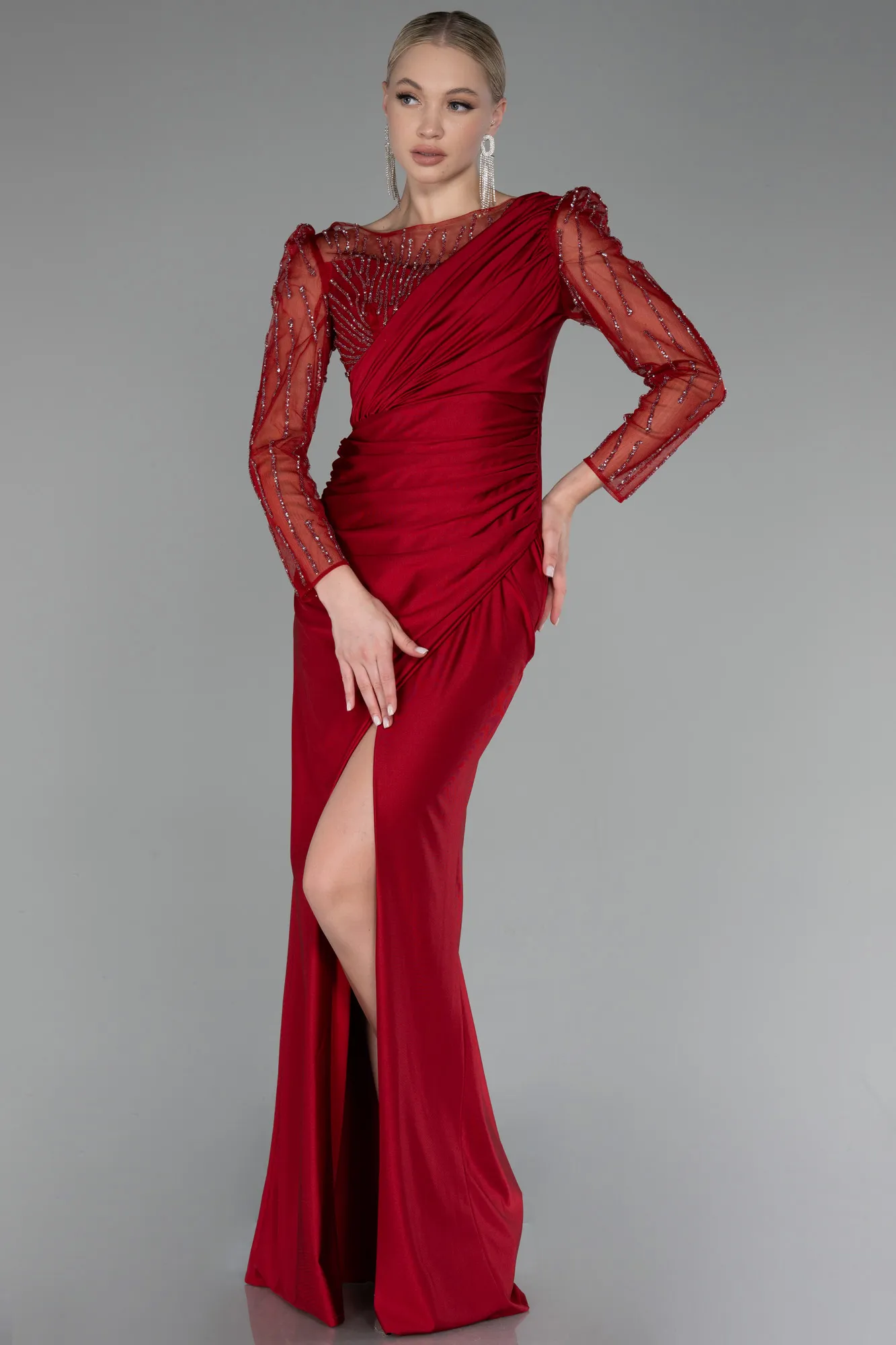 Red-Stoned Long Sleeve Slit Evening Gown ABU4117